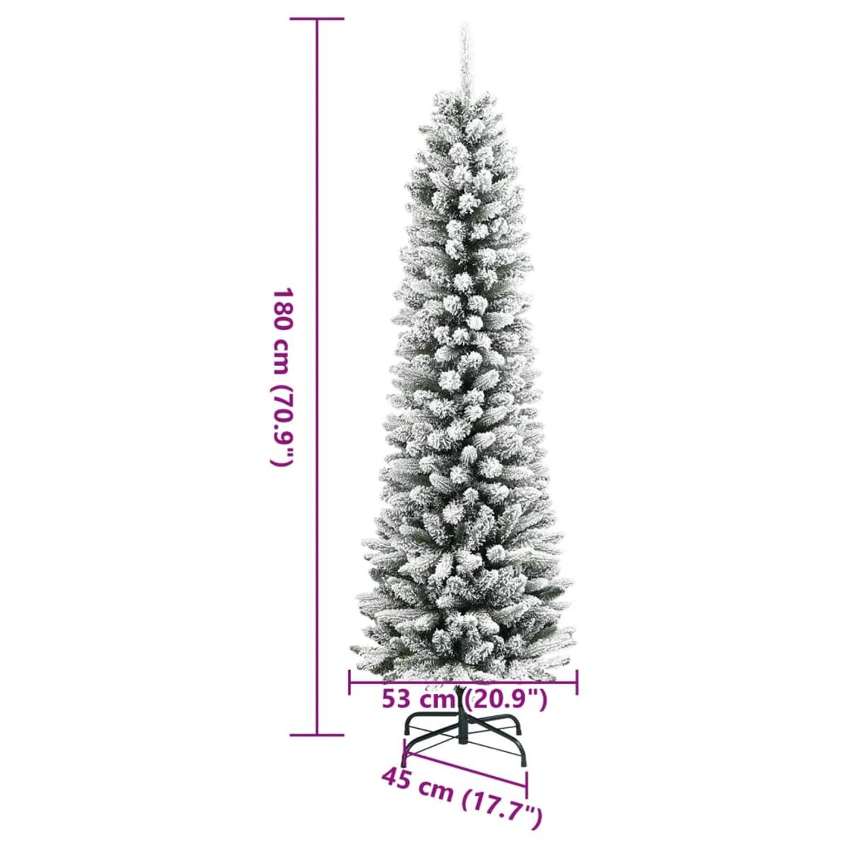Ein hoher, schlanker künstlicher Weihnachtsbaum mit Schneeeffekt wird gezeigt. Maße sind angegeben, einschließlich Höhe, Breite und Basis.