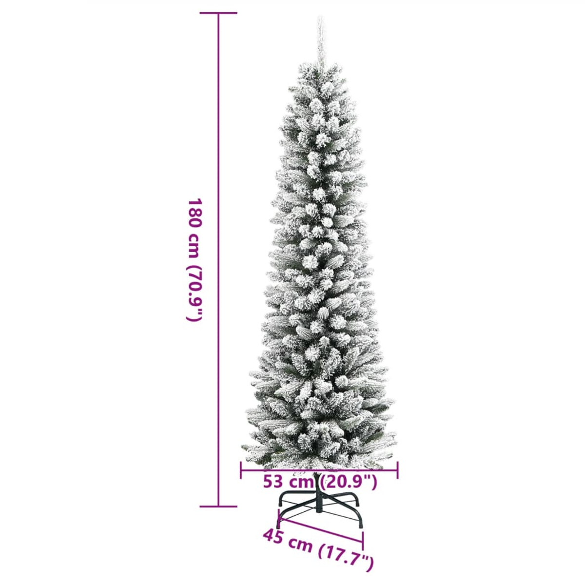 Ein hoher, beflockter Weihnachtsbaum mit Maßen. Er ist 180 cm hoch und 53 cm breit an der Basis und steht auf einem Metallständer.