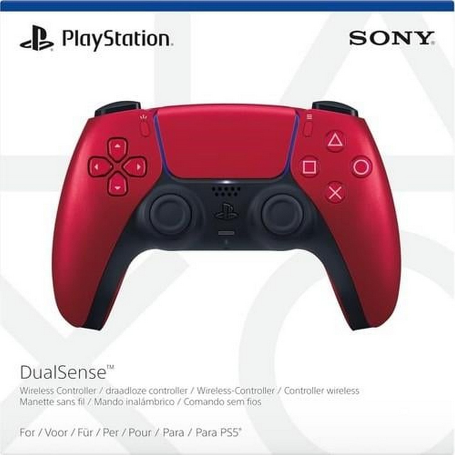 Czerwono-czarny kontroler PlayStation DualSense. Posiada przyciski i touchpad. Widoczne są marki PlayStation i SONY.