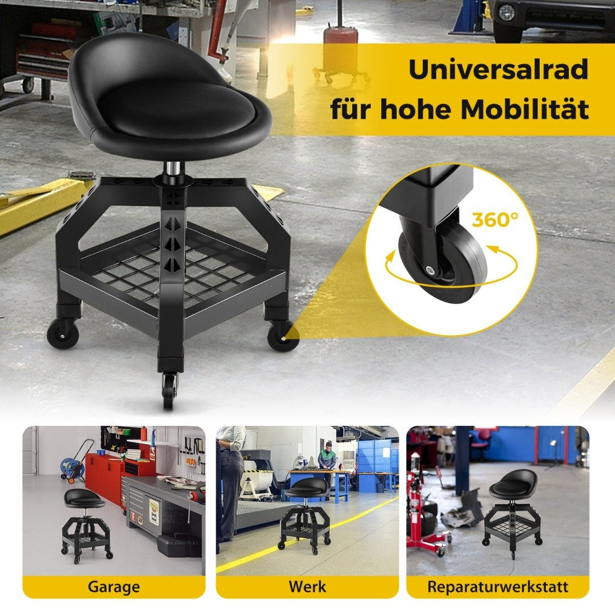 Un taburete rodante negro de mecánico. Tiene un asiento acolchado, una bandeja de almacenamiento y ruedas. El texto dice 'Rueda universal para alta movilidad'.