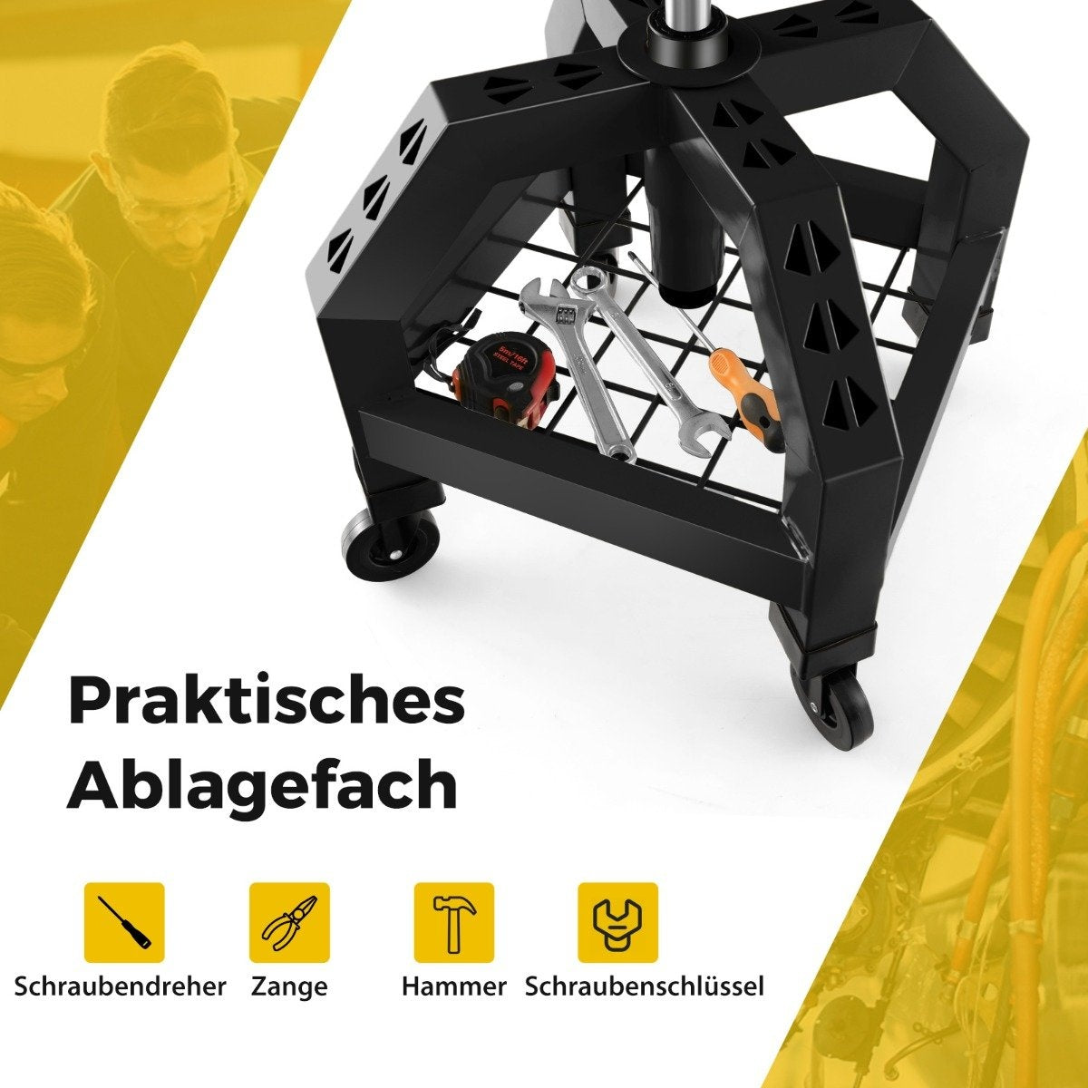 Unidad de almacenamiento negra con herramientas como llaves y cinta métrica. Texto: Praktisches Ablagefach. Iconos de destornillador, alicates, martillo y llave inglesa.
