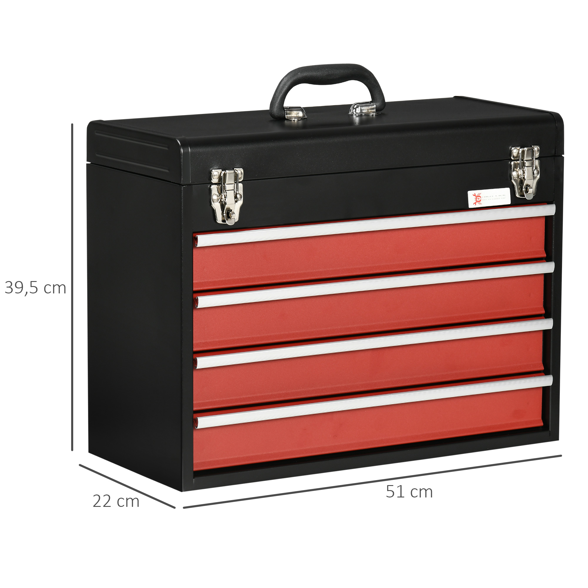 Caja de herramientas negra con cajones rojos y ribetes plateados. Dimensiones 22x51x39,5 cm. Tiene asa y cierres.