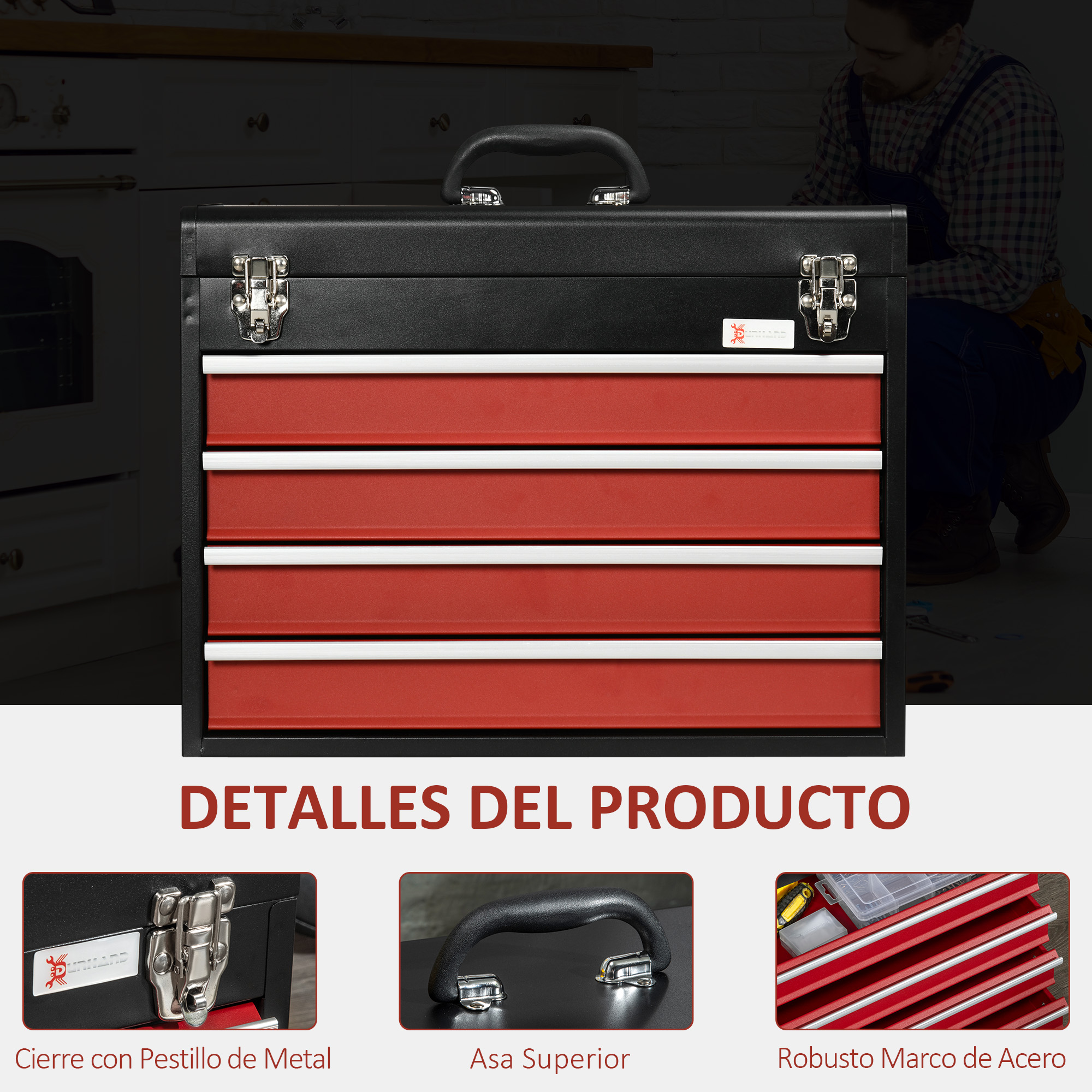 Una caja de herramientas con cajones rojos y tapa negra. Una persona en el fondo. Detalles del producto se muestran abajo.