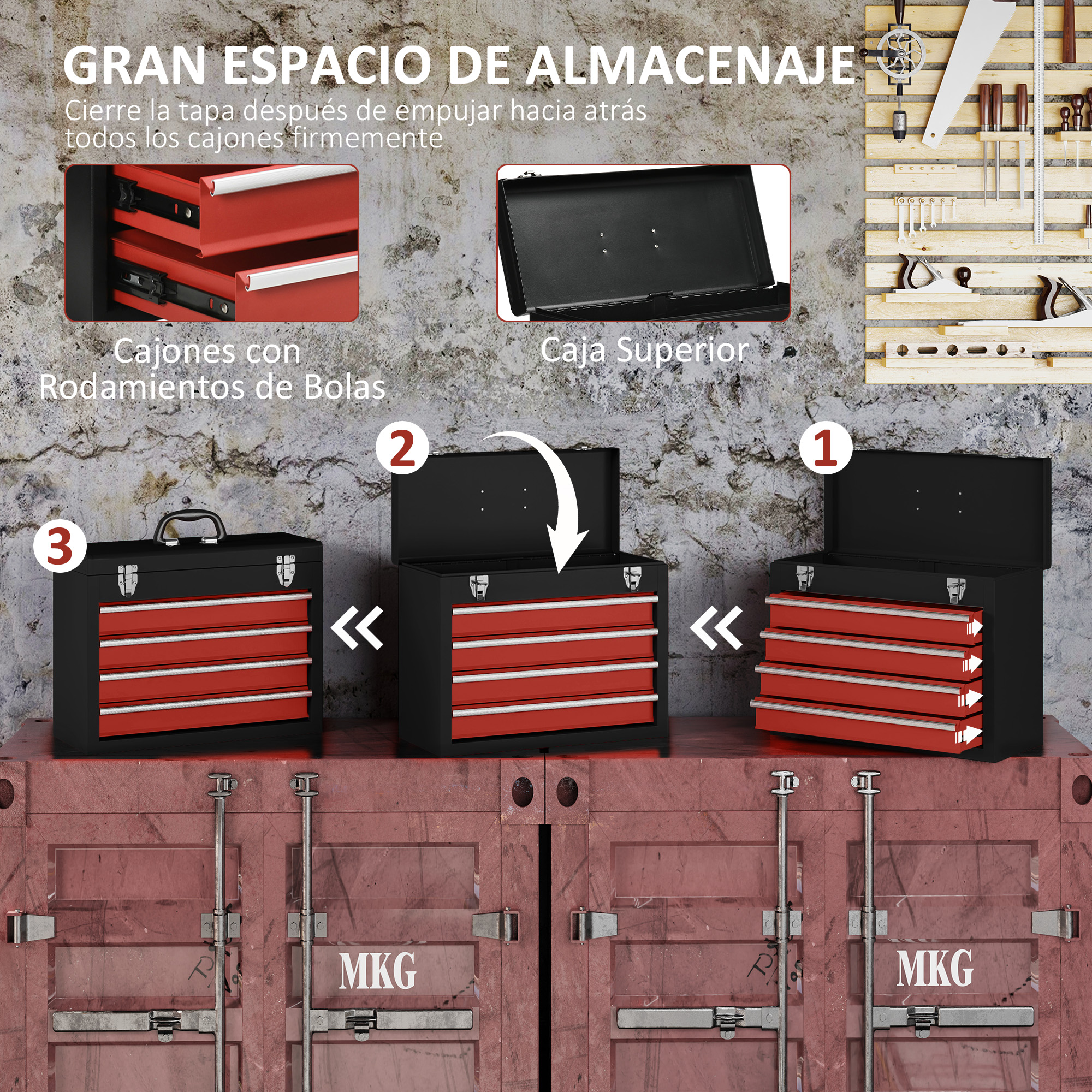 Tres cajas de herramientas con cajones rojos, un estante de herramientas de madera y un contenedor de envío rojo.