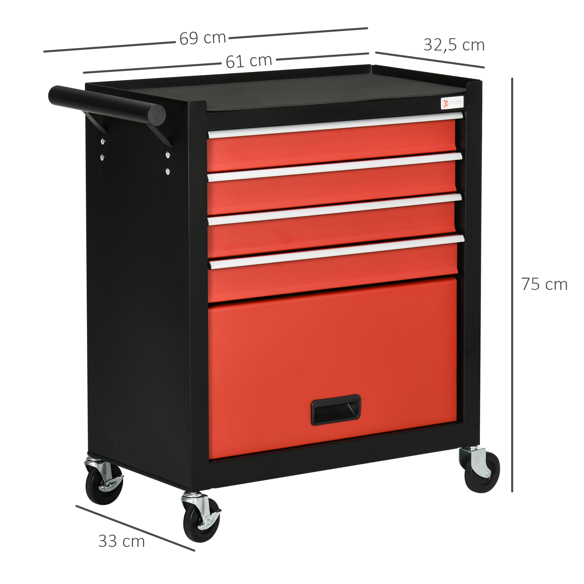 Un carro de herramientas rodante rojo y negro con cajones y asa, dimensiones marcadas en 69 cm, 32,5 cm, 75 cm y 33 cm.