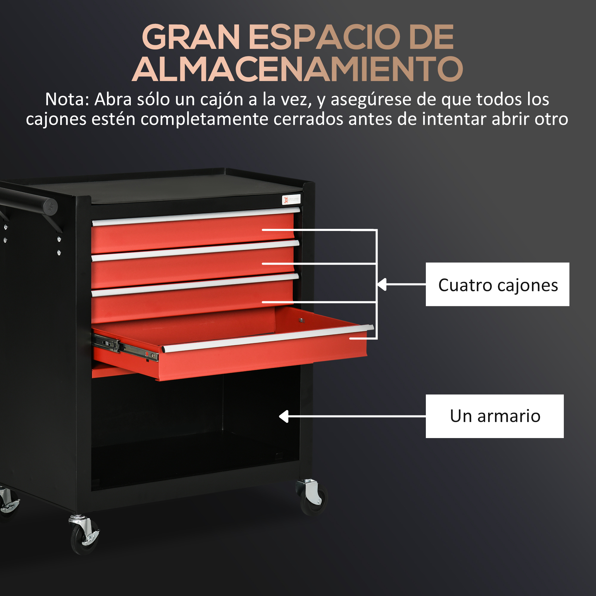 Un armario de herramientas negro y rojo con cuatro cajones y un armario. Tiene ruedas. El texto superior dice 'Gran espacio de almacenamiento'.
