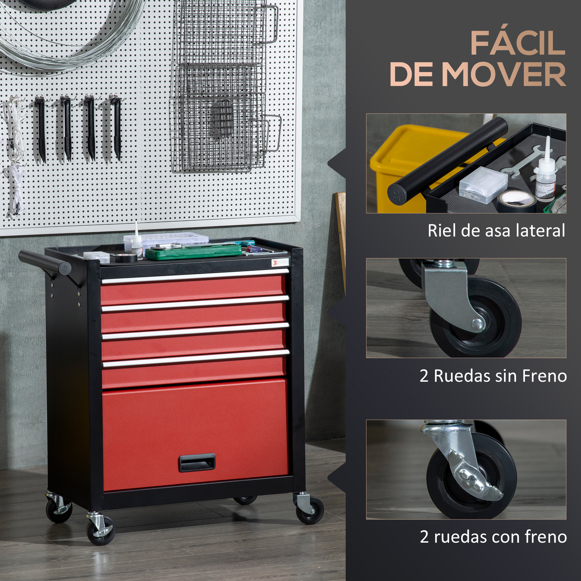 Un armario de herramientas rojo y negro con cajones y ruedas, con una tablero perforado en el fondo. Texto: Fácil de mover.