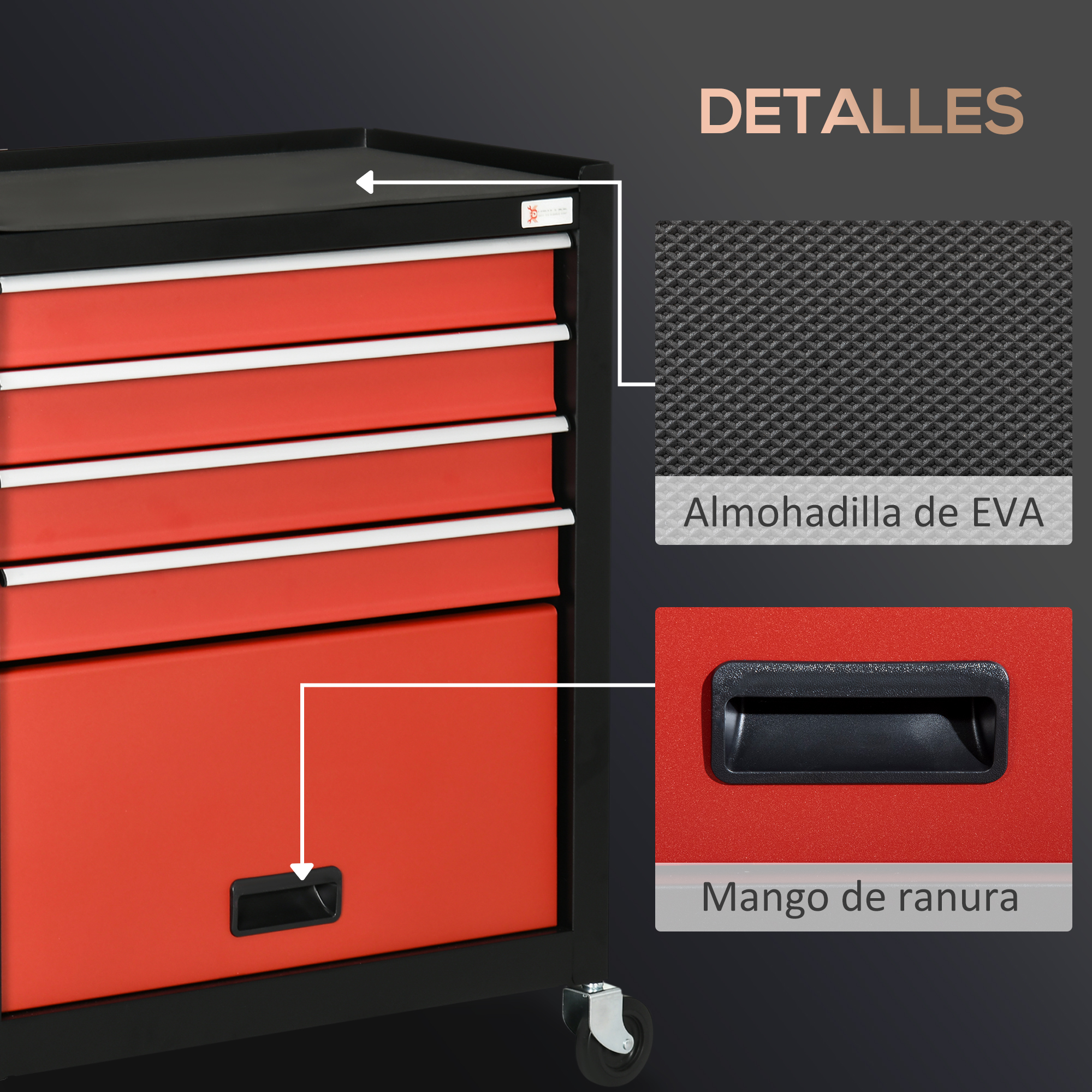 Un cofre de herramientas rojo con detalles en negro. Detalles muestran una almohadilla EVA y un mango ranurado.