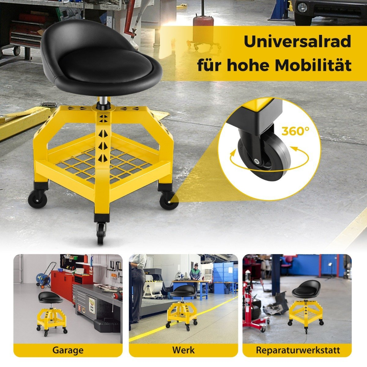 Un taburete de taller rodante amarillo con asiento negro. Tiene un estante de almacenamiento y se muestra en varios entornos de taller.