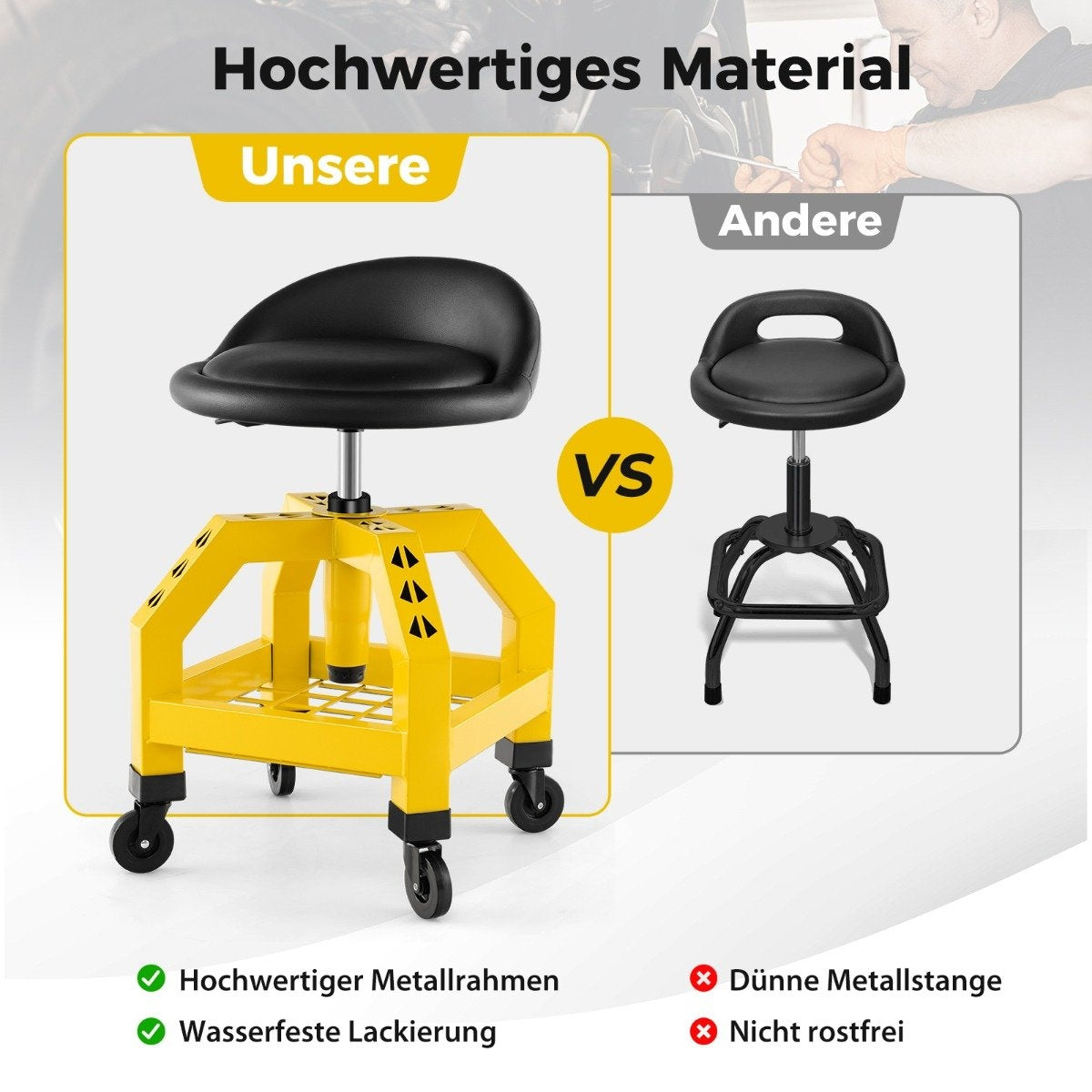 La imagen muestra dos taburetes. Uno es amarillo con asiento negro, el otro es negro. El texto compara características como el marco de metal y la resistencia a la oxidación.