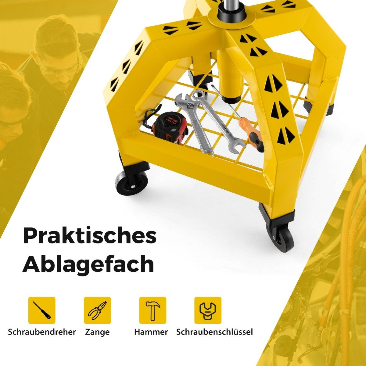 Carro de herramientas amarillo con herramientas: cinta métrica, llaves, destornillador, texto 'Praktisches Ablagefach' e iconos de herramientas.