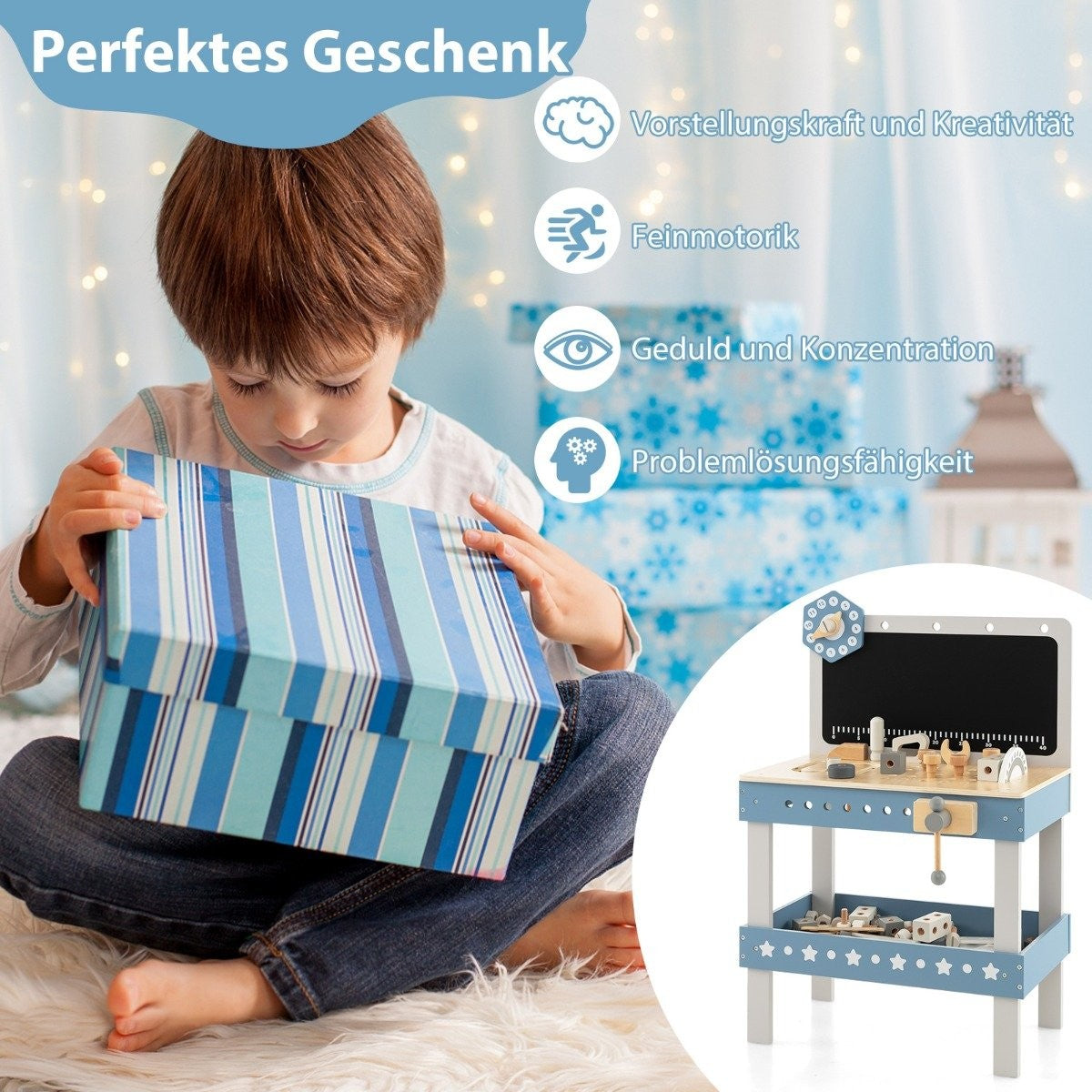 Un niño abre una caja de regalo. El texto superior dice 'Regalo perfecto'. Un banco de trabajo de juguete está a la derecha.