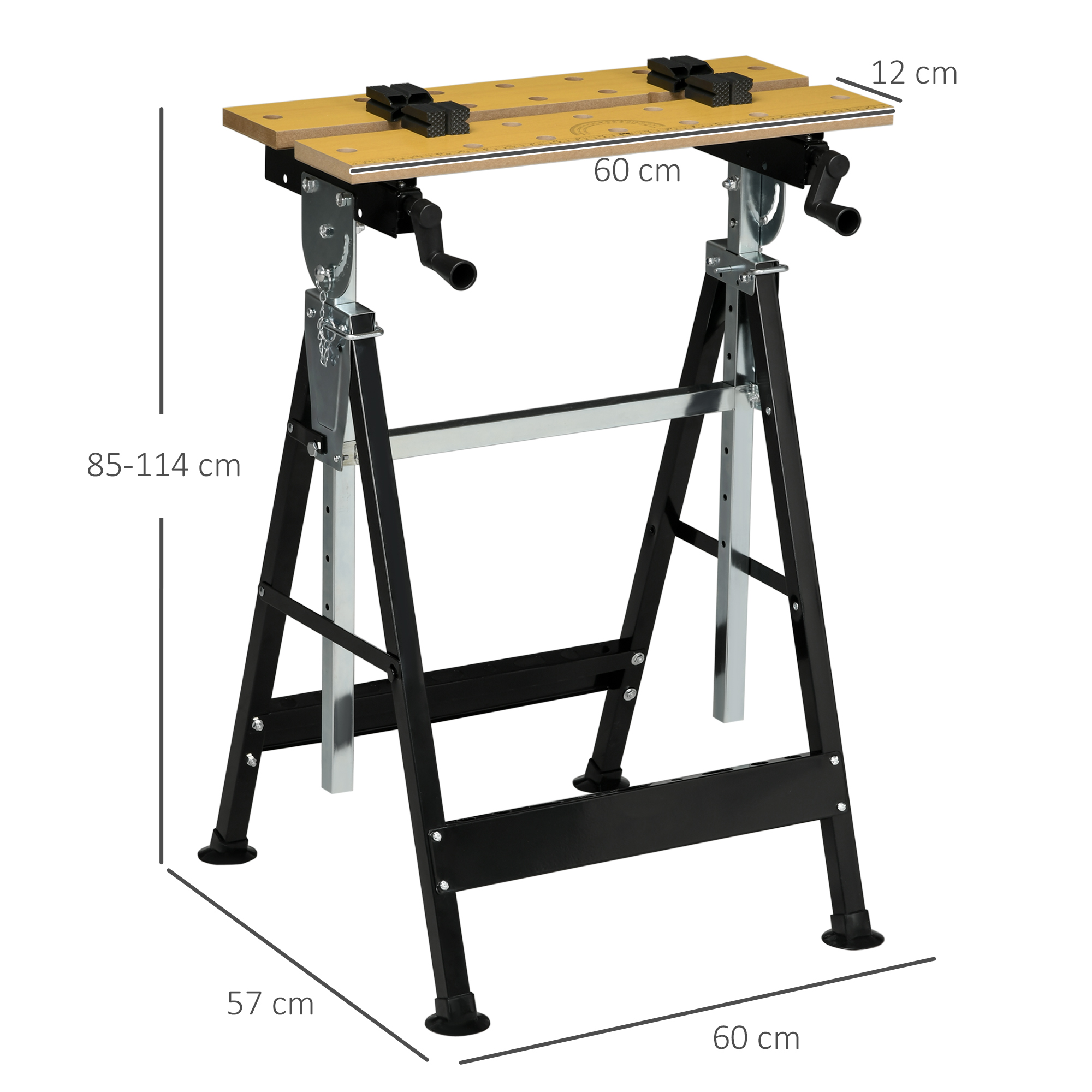 Un banco de trabajo plegable con patas negras, una mesa de madera y abrazaderas negras. Dimensiones etiquetadas.