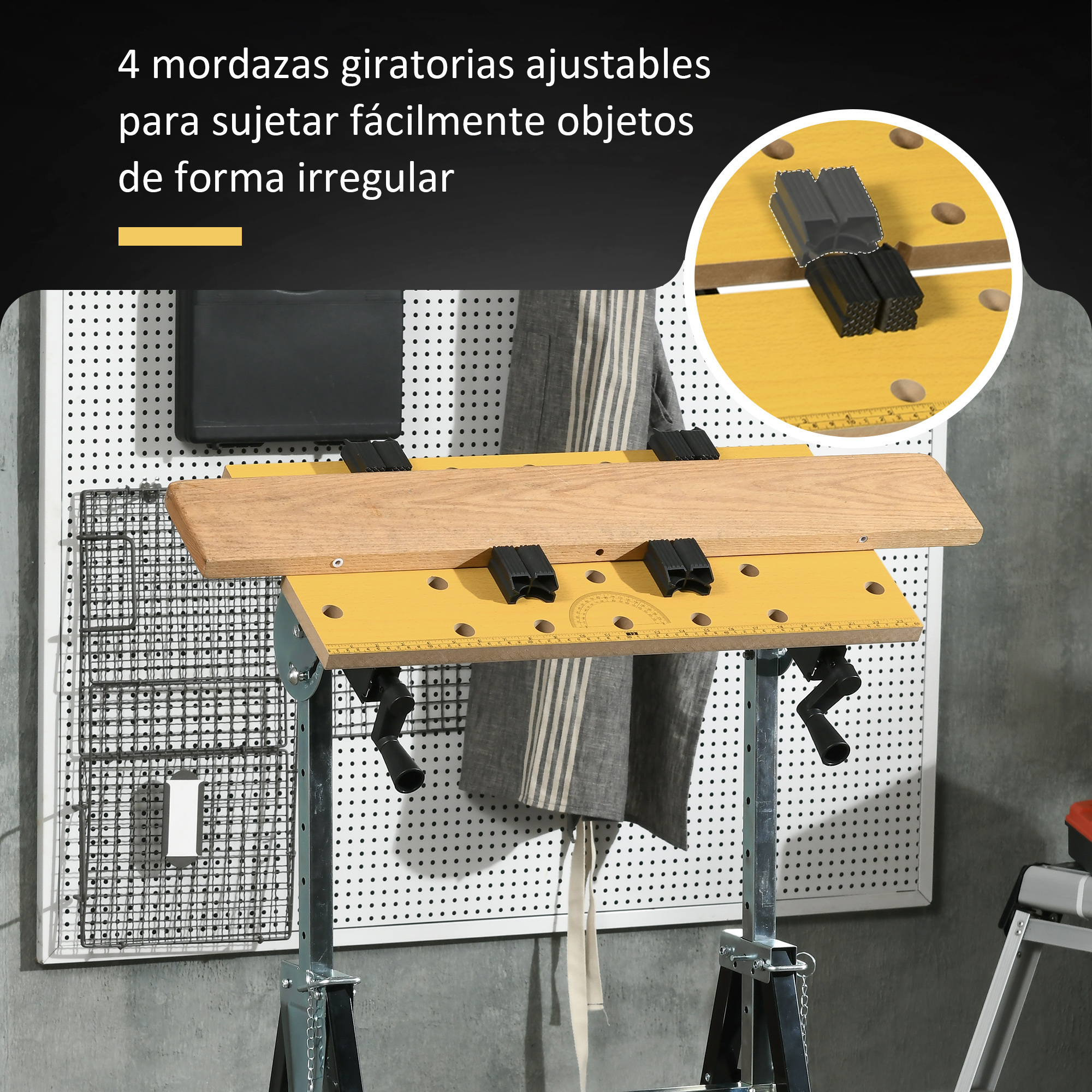 Un banco de trabajo amarillo con una tabla de madera sujeta por abrazaderas negras ajustables. El fondo incluye un panel perforado y un delantal.
