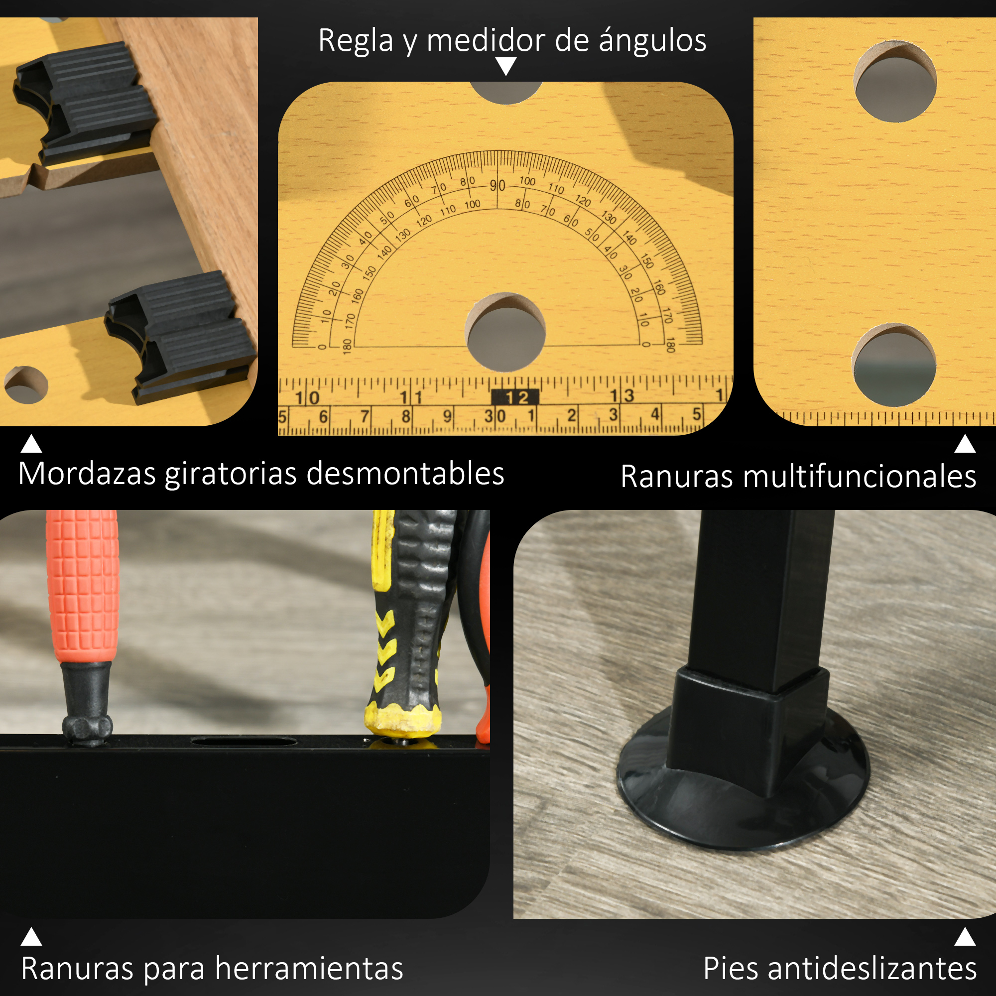 Un banco de trabajo amarillo y negro con herramientas y un medidor de ángulos, con pies antideslizantes.