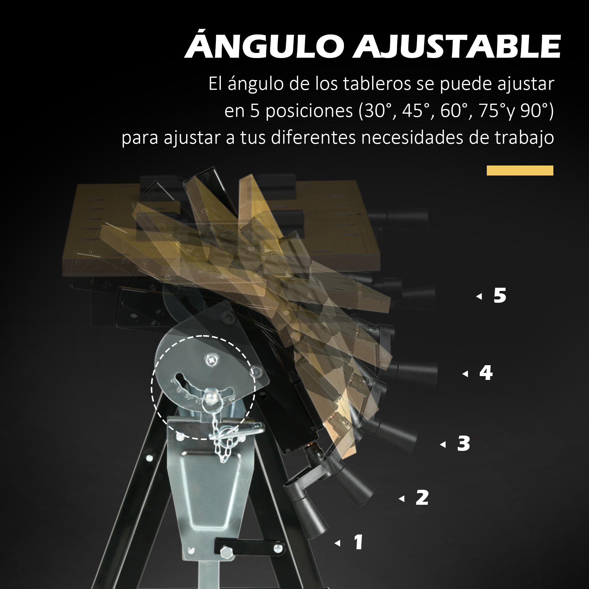 Mesa de ángulo ajustable. Muestra posiciones angulares. Marco negro con mesa de madera amarilla.
