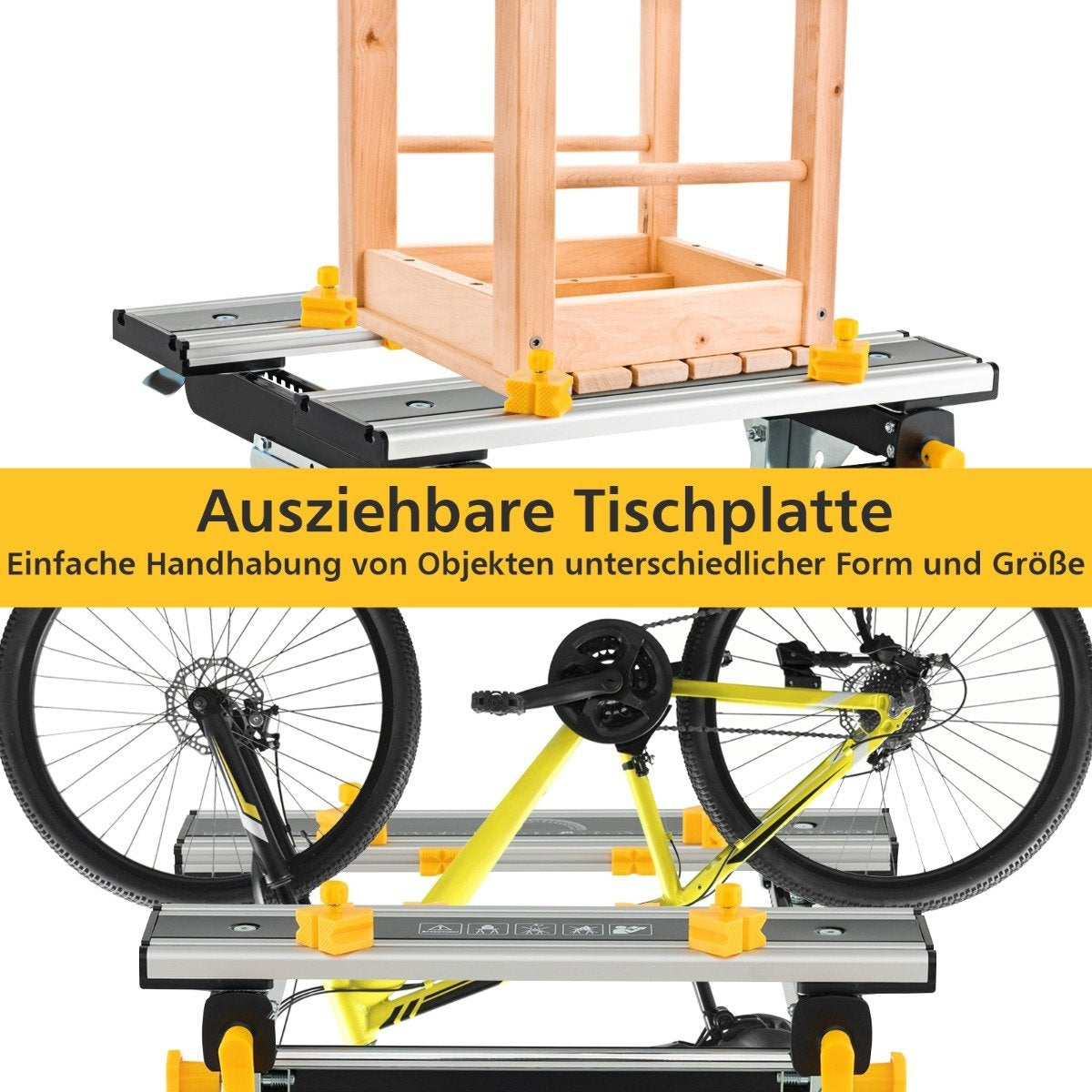 Una bicicleta y un marco de madera se muestran en una mesa. El texto "Auszierbare Tischplatte" se muestra en el centro de la imagen.