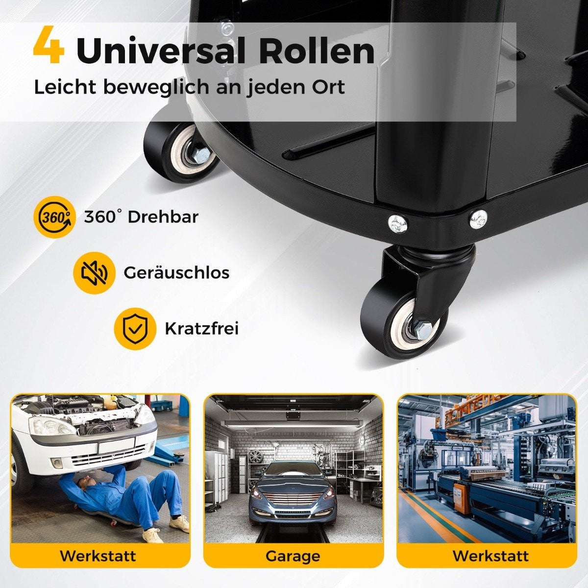 Un carro negro con ruedas, texto '4 Universal Rollen', '360° Drehbar', 'Geräuschlos', 'Kratzfrei' y fotos de un coche en un garaje.