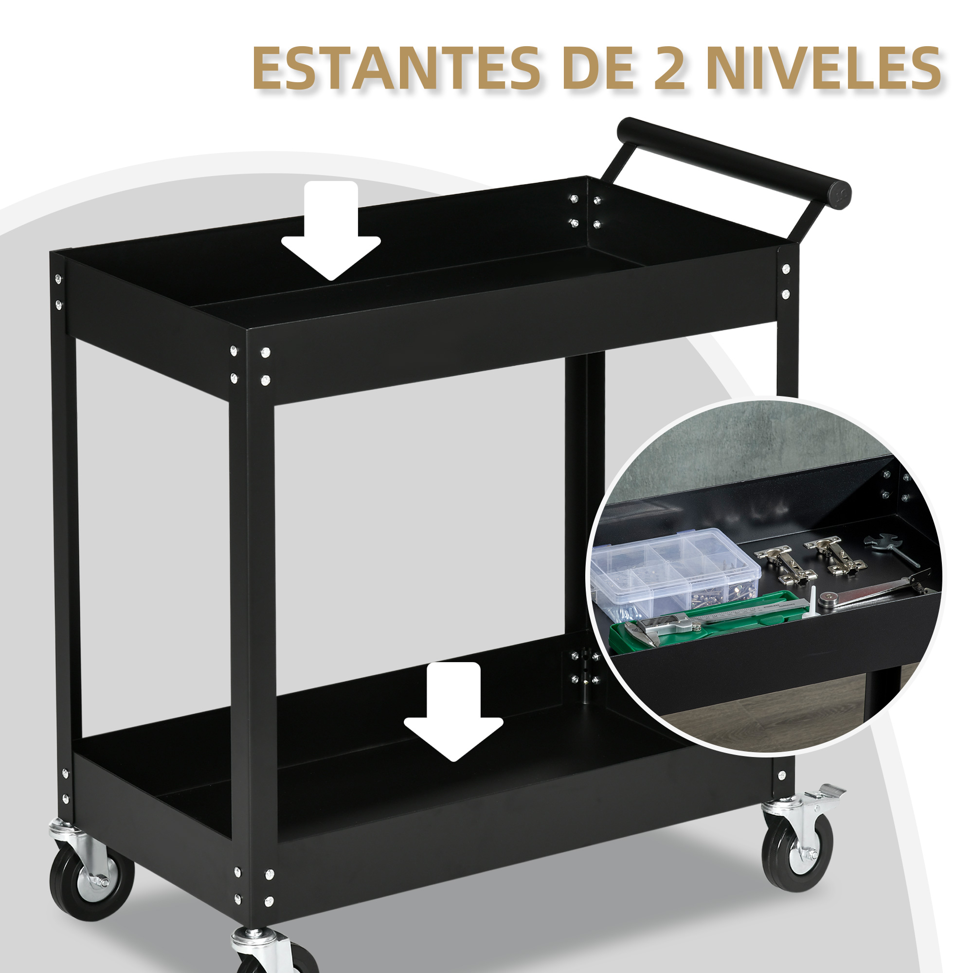 Un carrito utilitario negro de dos niveles con herramientas en un inserto. Flechas blancas señalan cada nivel.
