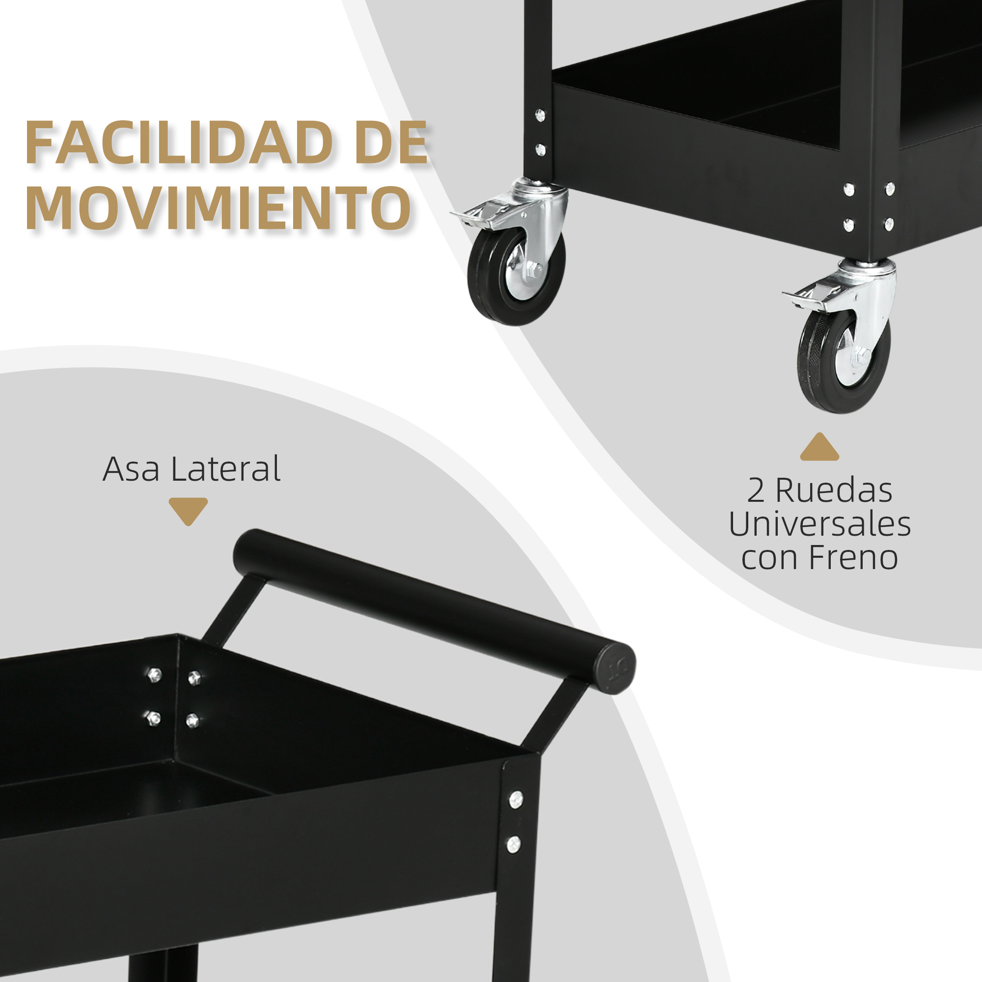 Carro metálico negro con ruedas, asa y etiquetas en español. Muestra detalles de las características y el diseño del carro.