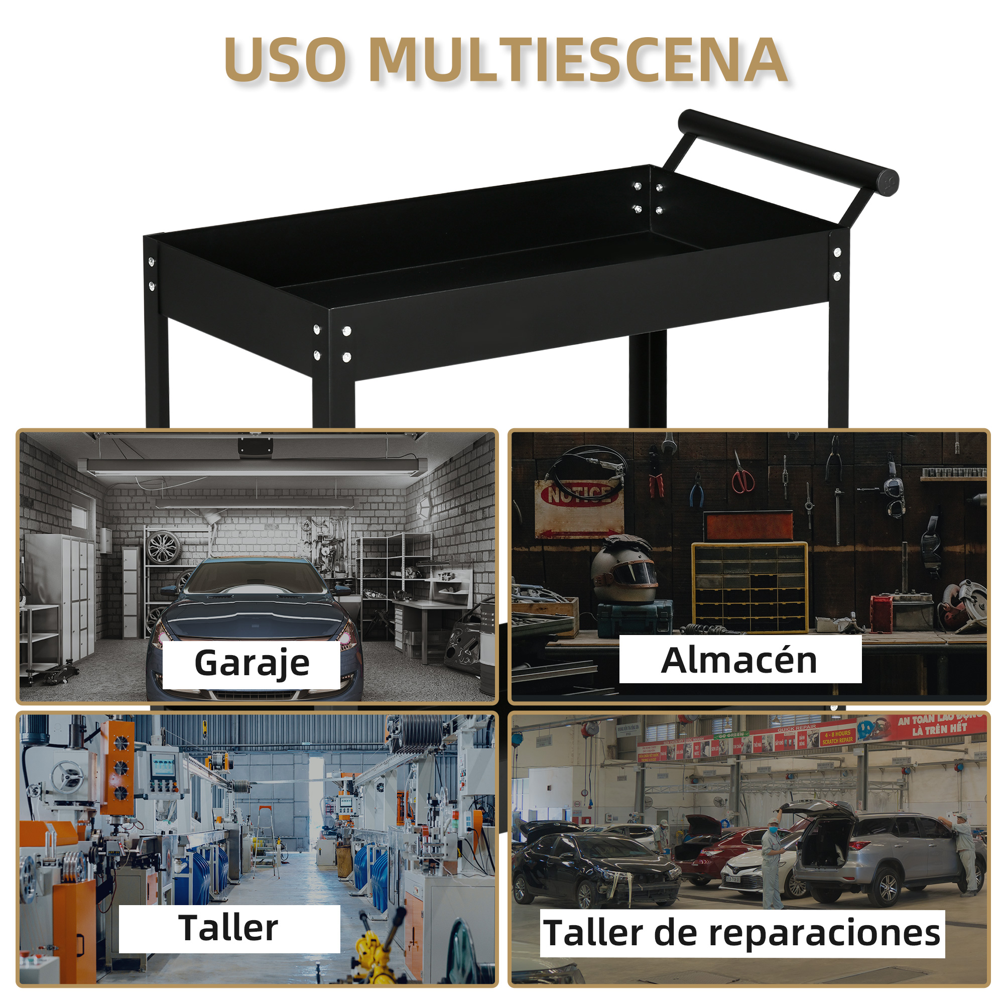La imagen muestra una estructura metálica negra sobre cuatro escenas: garaje, almacén, taller y taller de reparación.