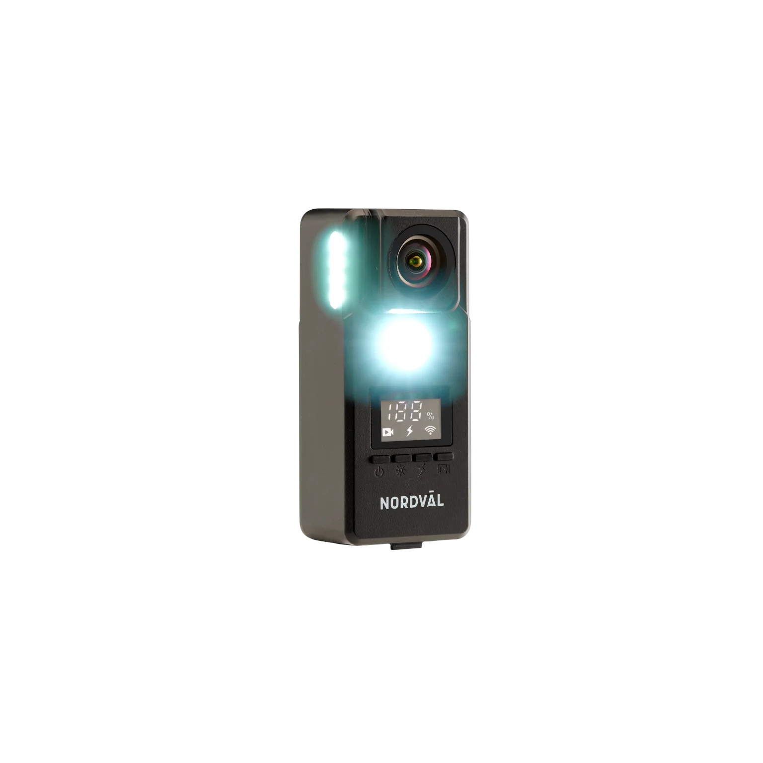 A dark gray camera with a screen displaying 100%. The camera has a lens, flash, and the brand name Nordväl.