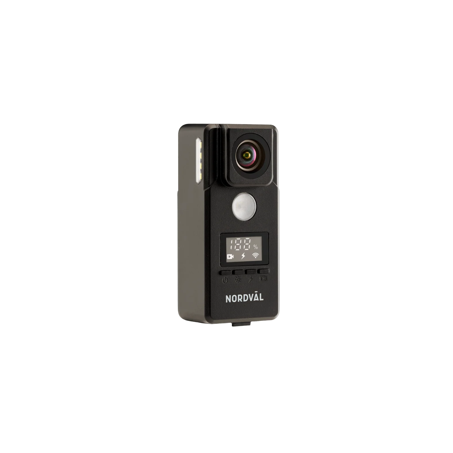 A black and gray camera with a lens, display, and buttons. The display shows percentage. The brand name 'Nordvål' is visible.
