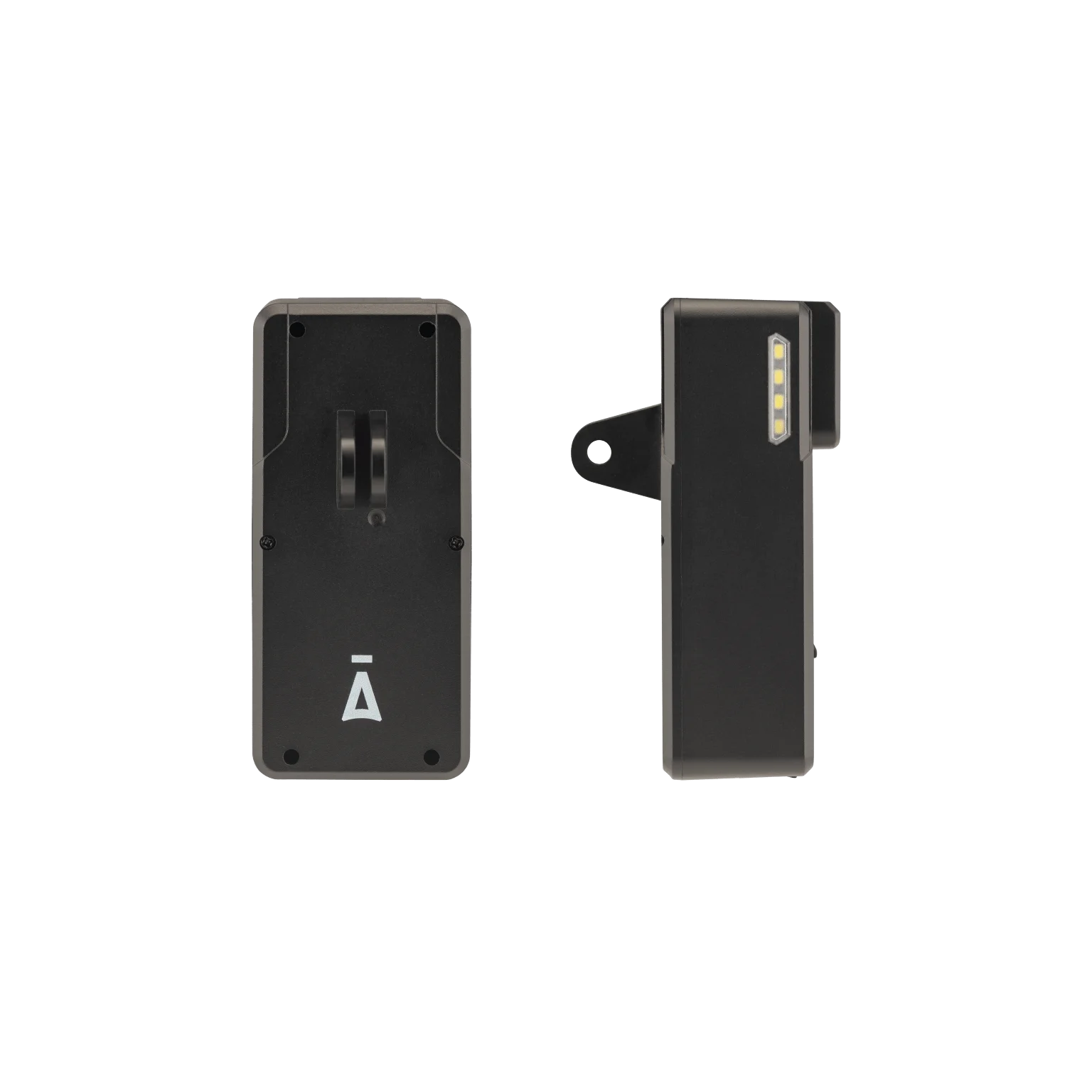 Two black rectangular devices. One front view, the other side view. Both have silver frames and a white logo, with a row of lights.