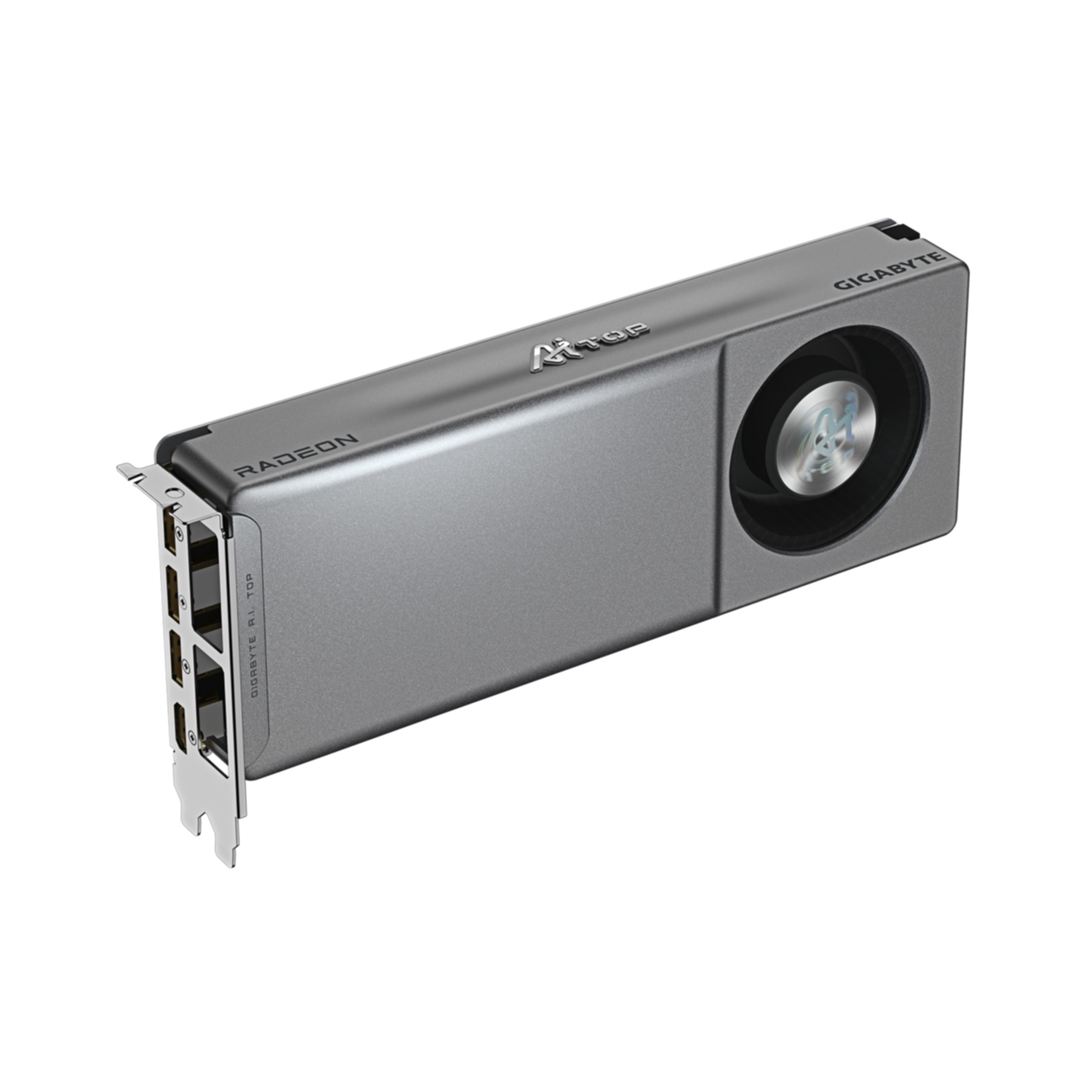 Una tarjeta gráfica gris con etiquetas Radeon y Gigabyte, un ventilador y varios puertos.