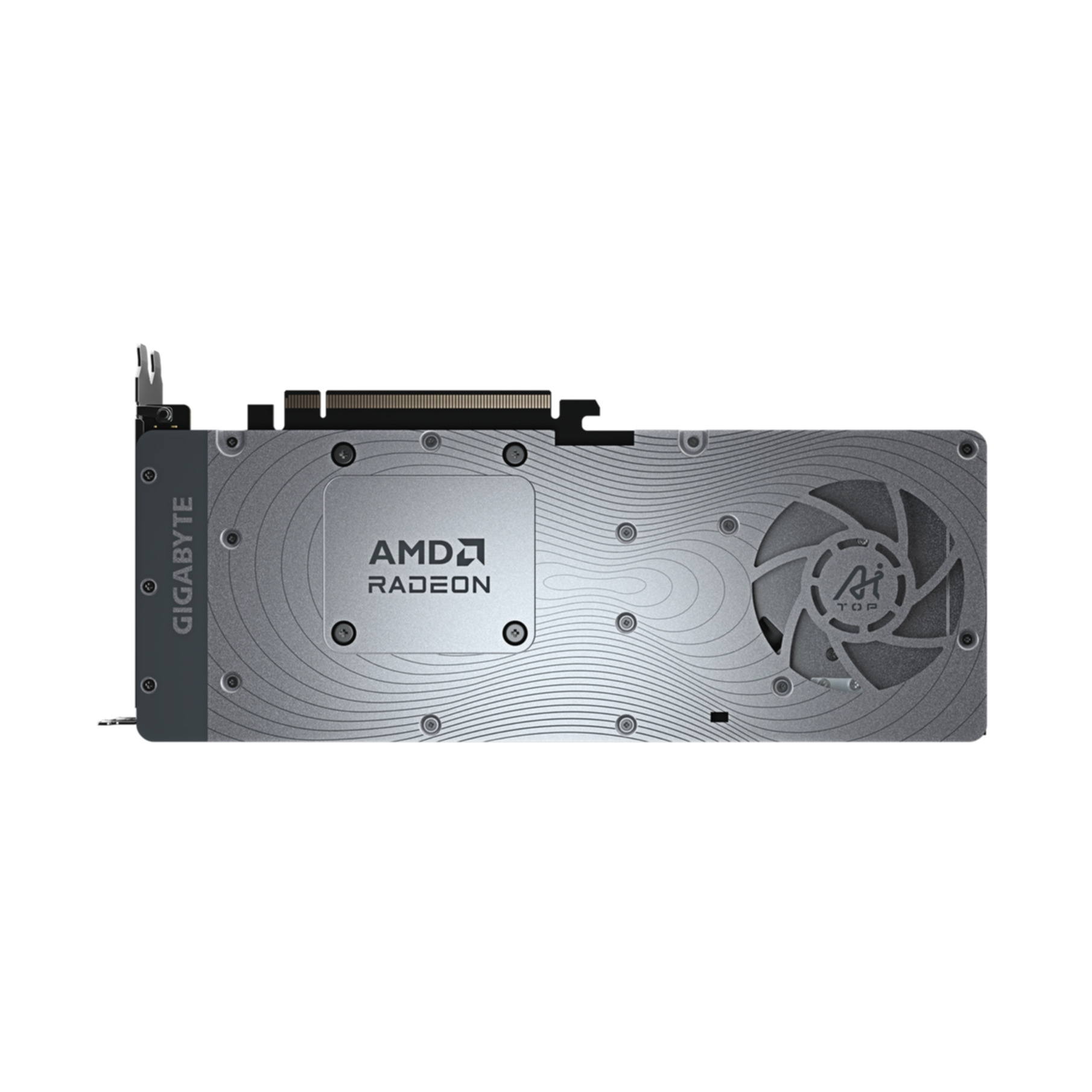Una tarjeta gráfica gris con el logotipo de AMD Radeon, la marca Gigabyte y un ventilador. La tarjeta tiene una superficie texturizada.
