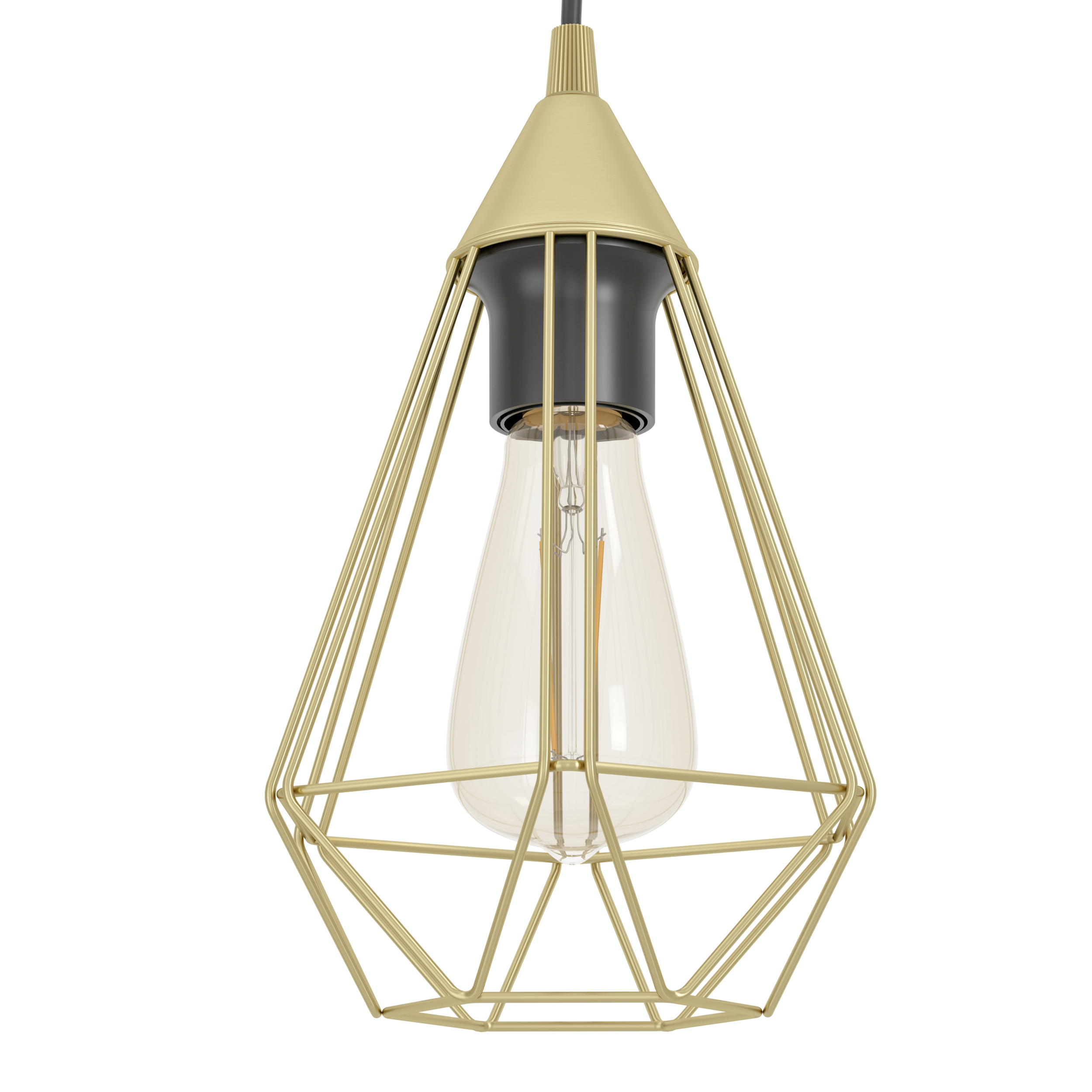 Eine goldfarbene geometrische Käfig-Pendelleuchte mit Edison-Glühbirne, vor weißem Hintergrund.