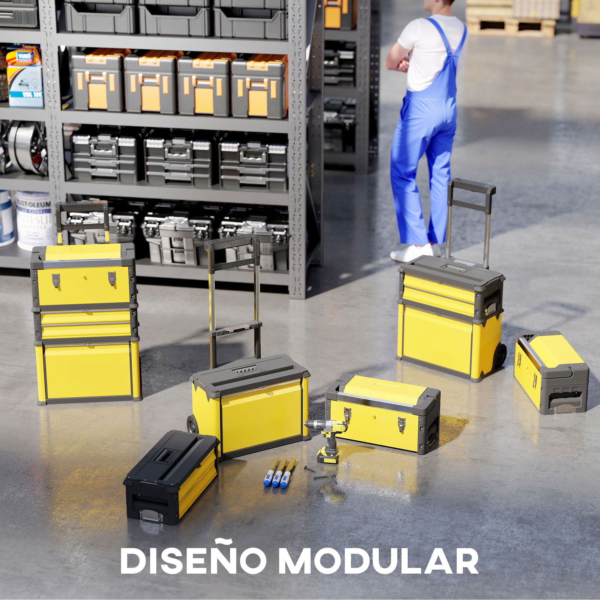 Cajas de herramientas amarillas con detalles grises en un suelo gris. Una persona con un mono azul de pie en el fondo.