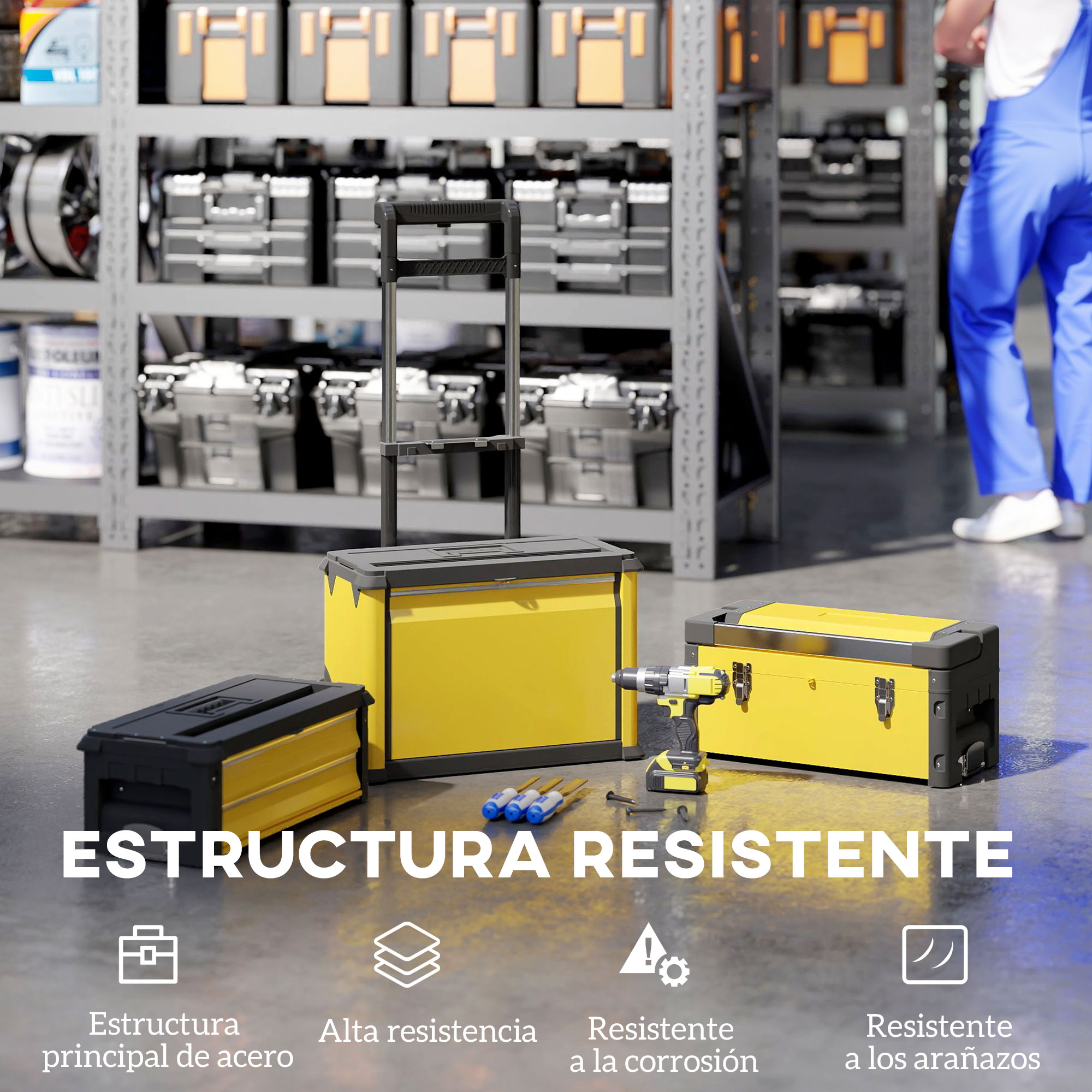 Cajas de herramientas amarillas con detalles negros, un taladro y una persona con overoles azules en una tienda.