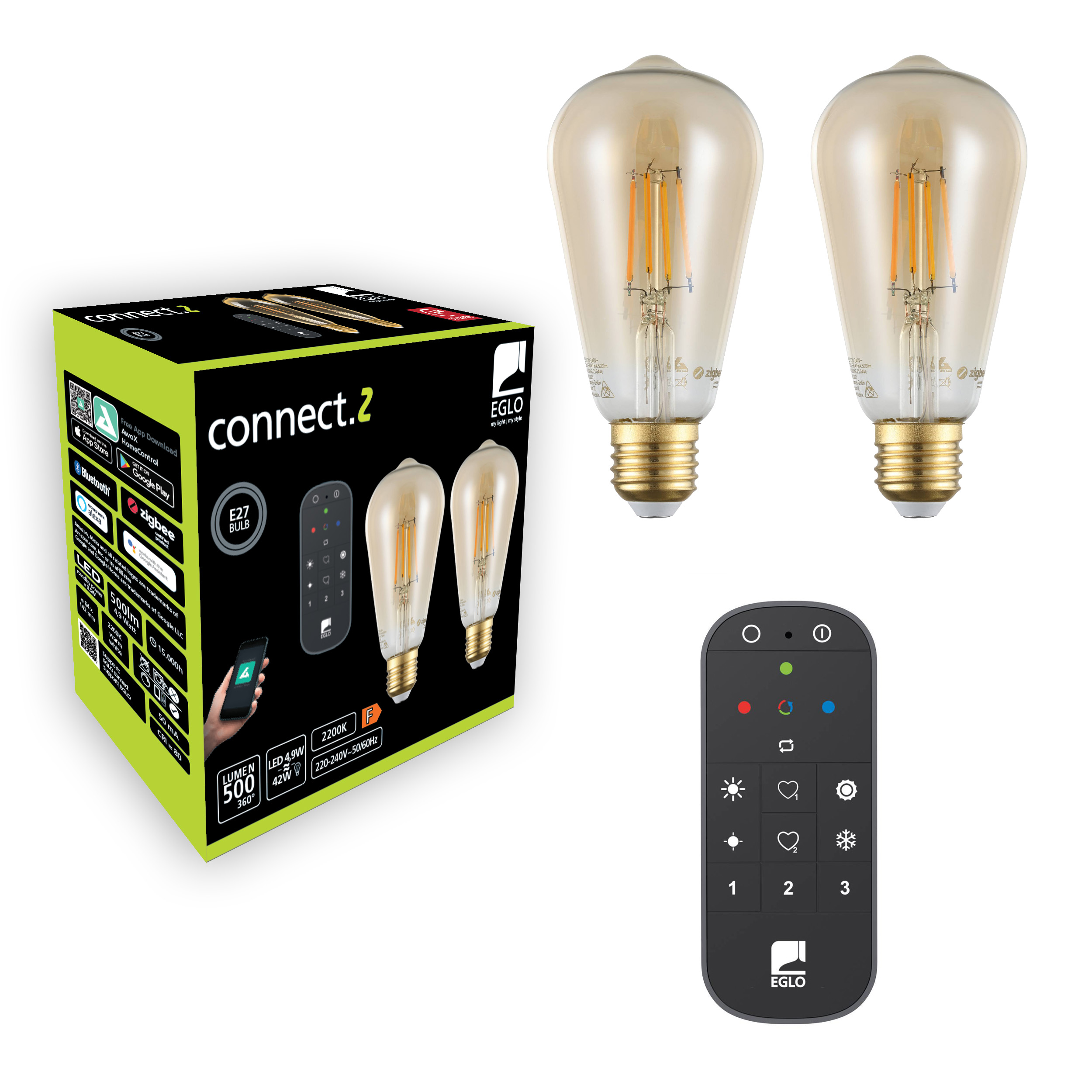 Zwei LED-Glühbirnen im Edison-Stil, eine Fernbedienung und eine Produktverpackung auf weißem Grund.