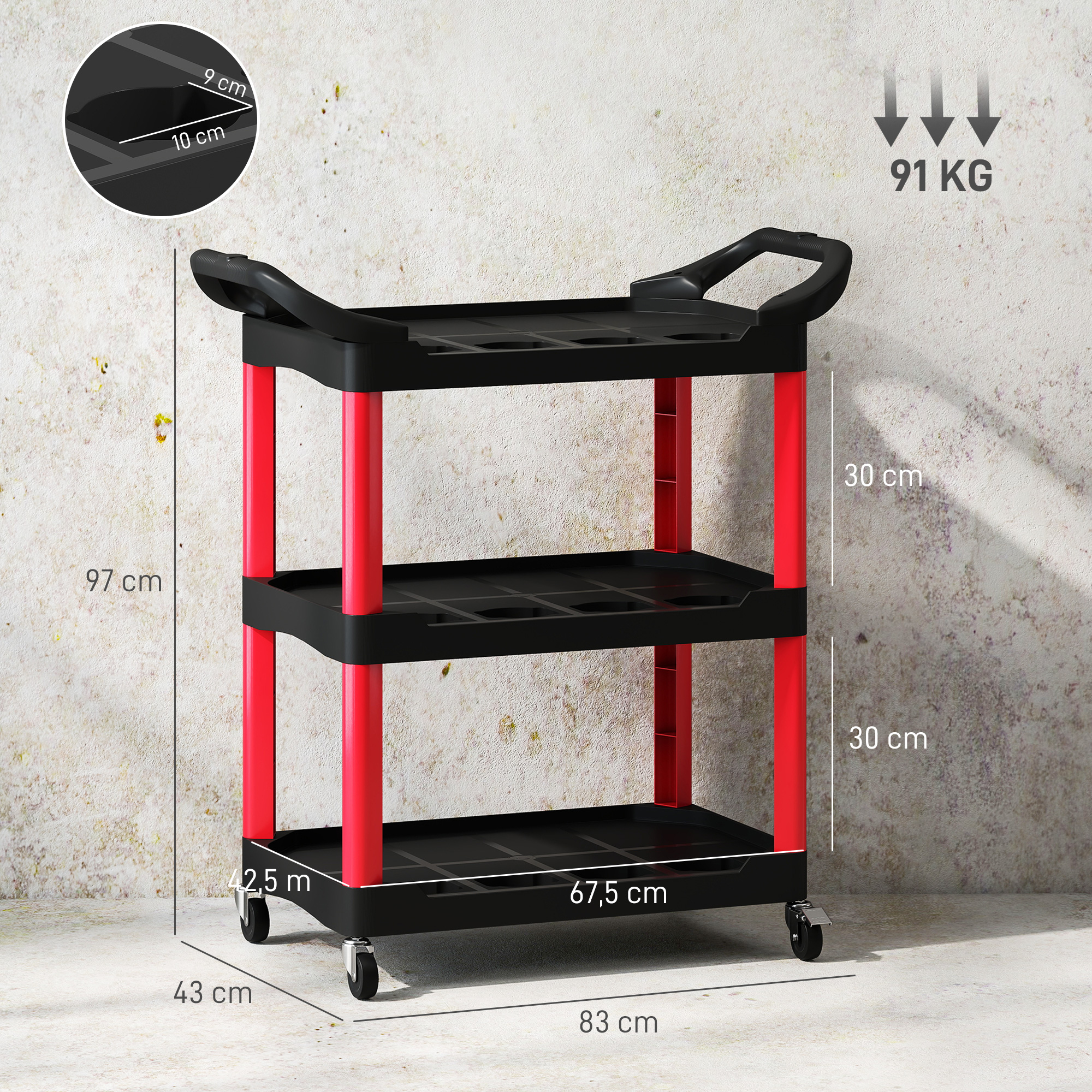 Un carro utilitario negro y rojo de tres niveles. Tiene dimensiones etiquetadas y un límite de peso de 91 kg. El fondo es una pared texturizada.