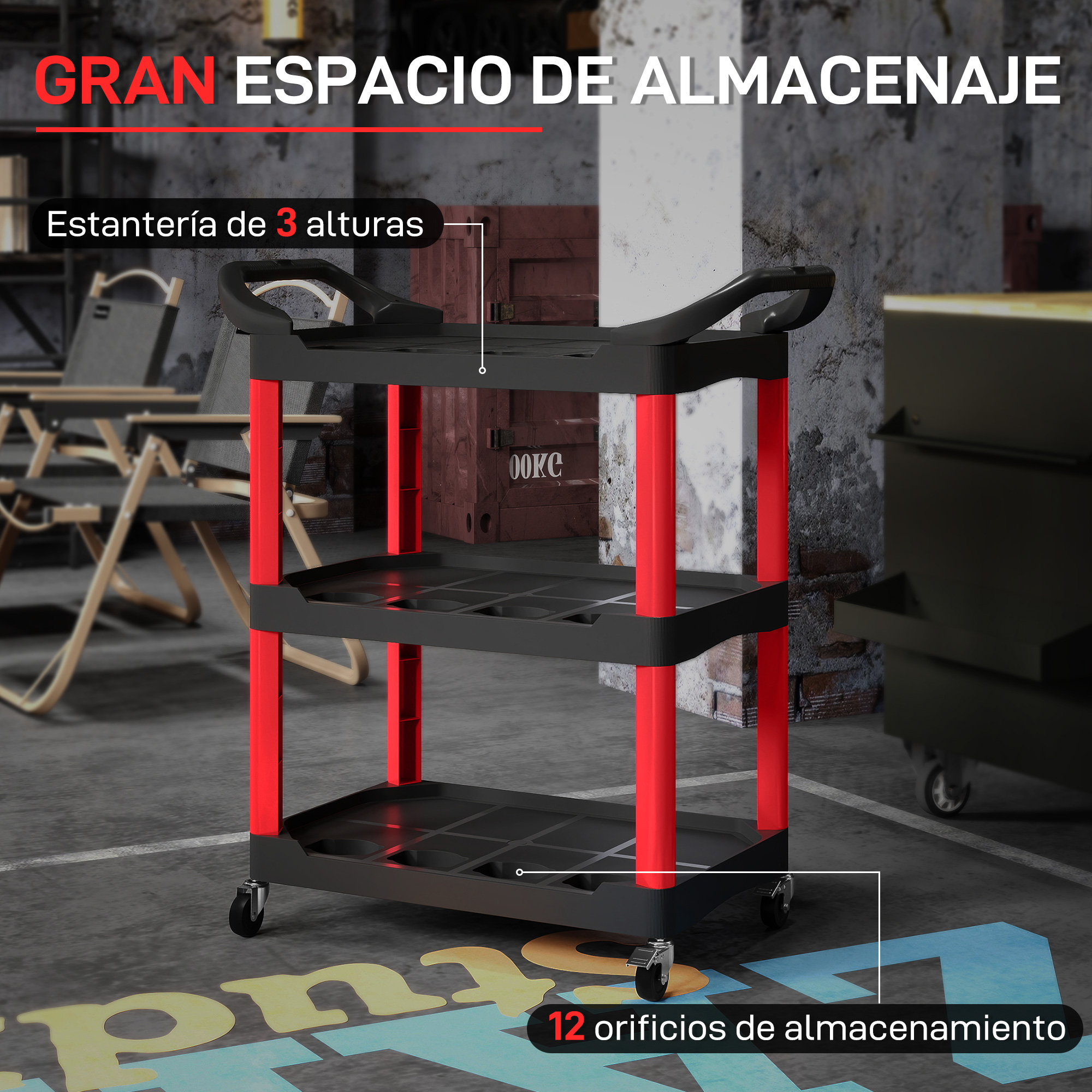 Un carro de almacenamiento negro y rojo de tres niveles con ruedas. El carro tiene 12 orificios de almacenamiento. Fondo: entorno industrial.