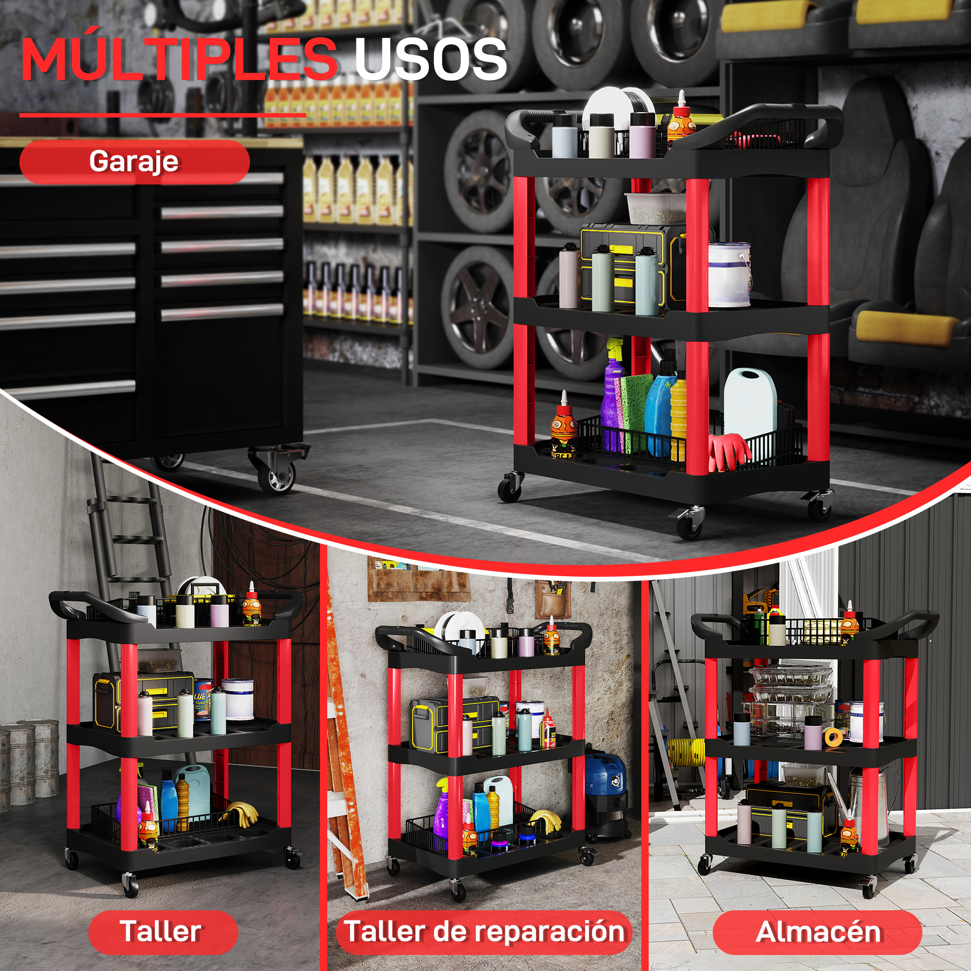 Imagen muestra carrito utilitario negro y rojo con herramientas, en un entorno de garaje. Las etiquetas indican 'Garage', 'Taller' y 'Almacén'.