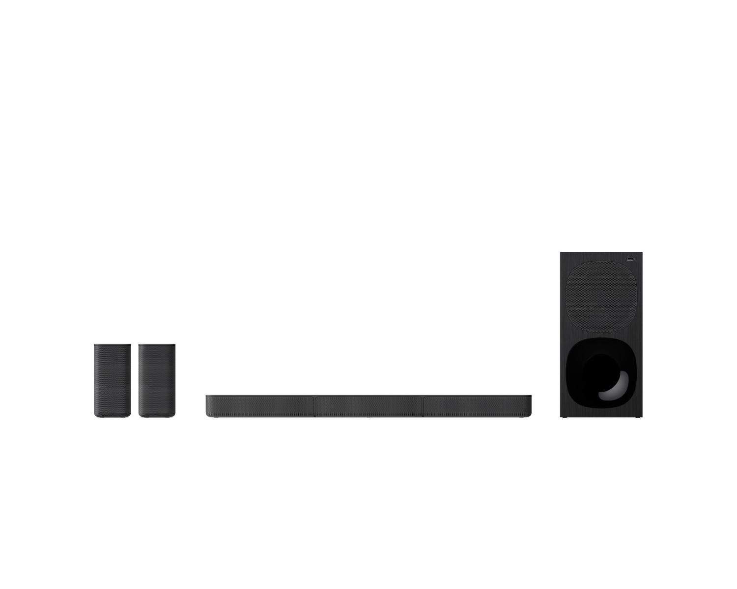 System dźwiękowy z soundbarem, dwoma głośnikami satelitarnymi i subwooferem, wszystko czarne na białym tle.