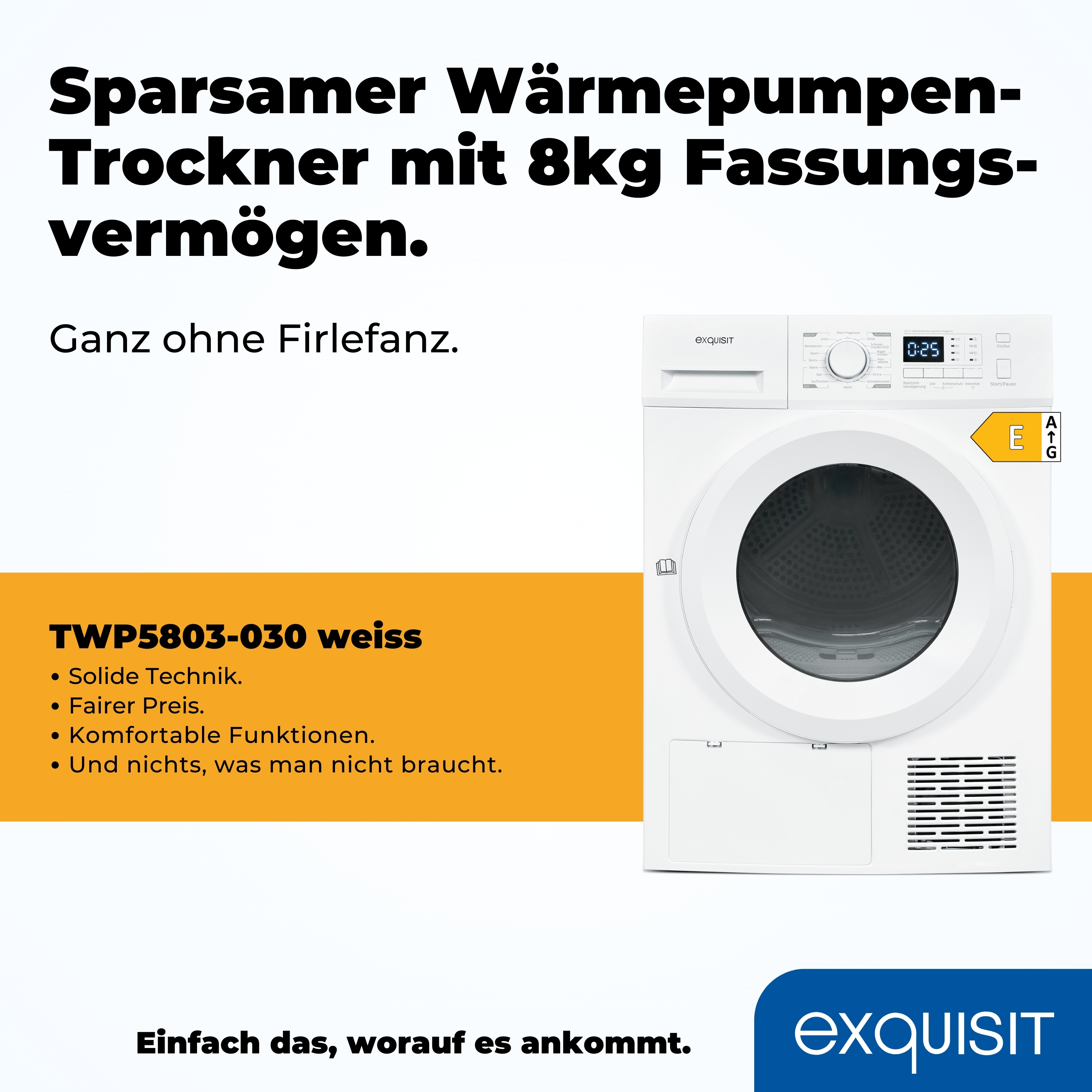 Weißer Exquisit Wärmepumpentrockner. Text: Sparsamer Wärmepumpen-Trockner, 8kg Fassungsvermögen. Energieeffizienzklasse E. Digitalanzeige.