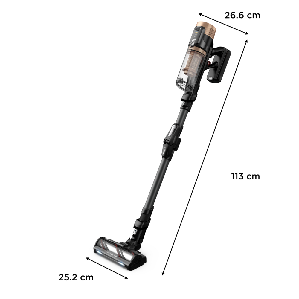 Ein schwarz-goldener kabelloser Staubsauger, 113 cm hoch, mit Maßangaben auf dem Bild.
