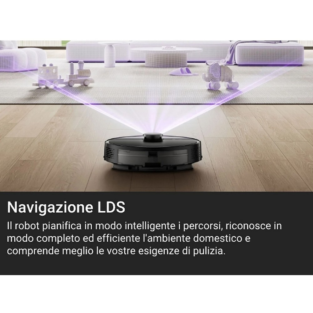 Aspiradora robot negra en suelo de madera, con rayos láser morados y juguetes al fondo.