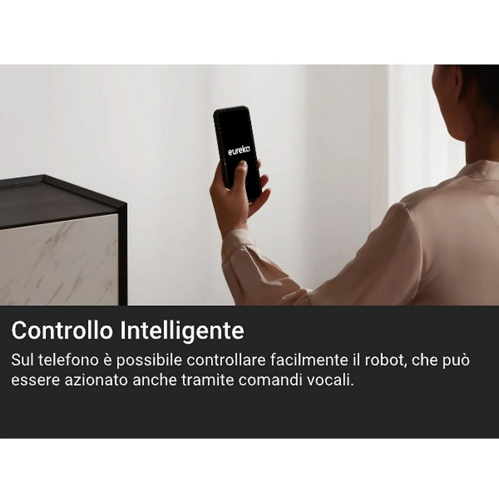 Una persona sostiene un teléfono con 'eureka' en la pantalla. El texto dice 'Control Inteligente'.