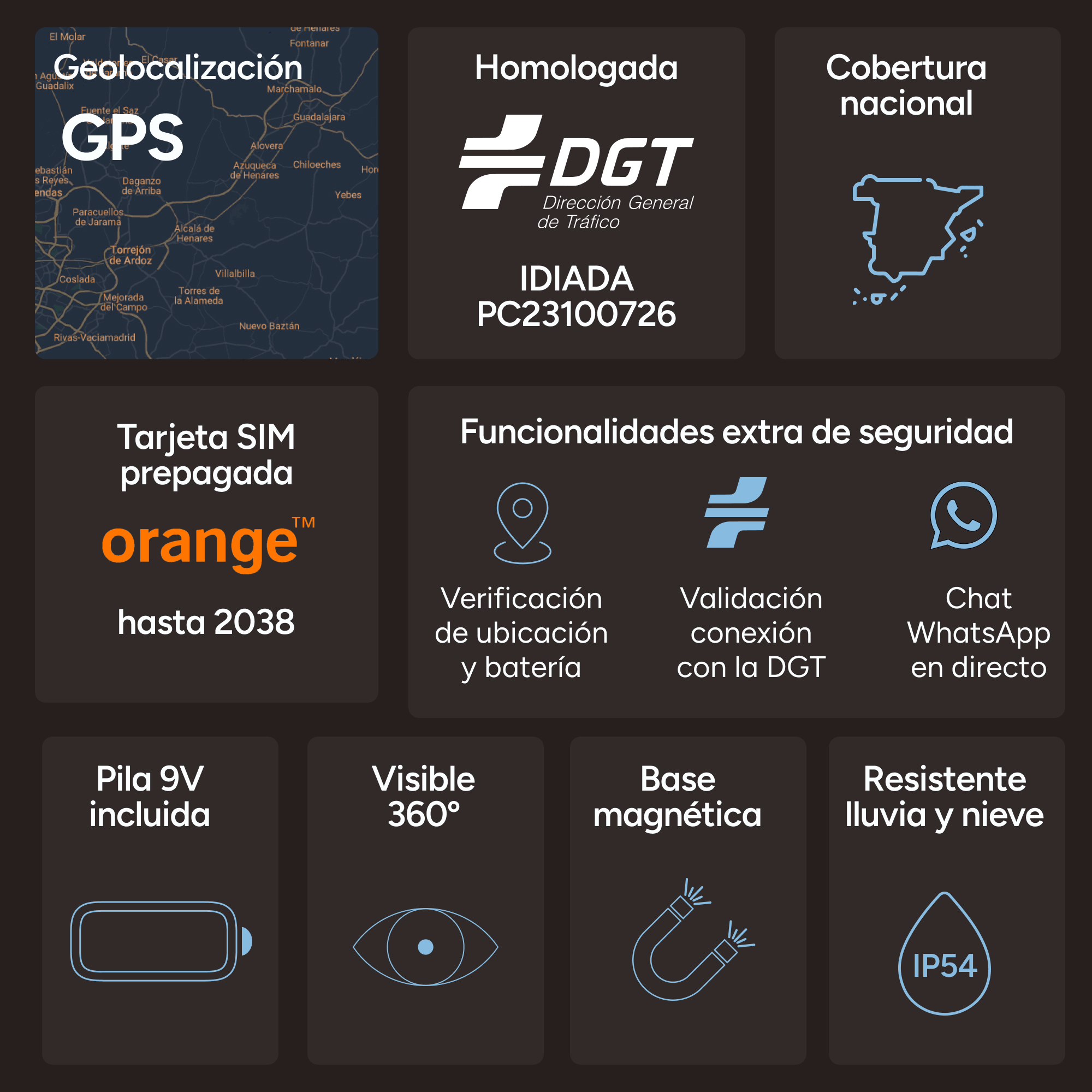 Imagen con funciones GPS, tarjeta SIM Orange y otras características de seguridad. Es resistente a la lluvia y la nieve.
