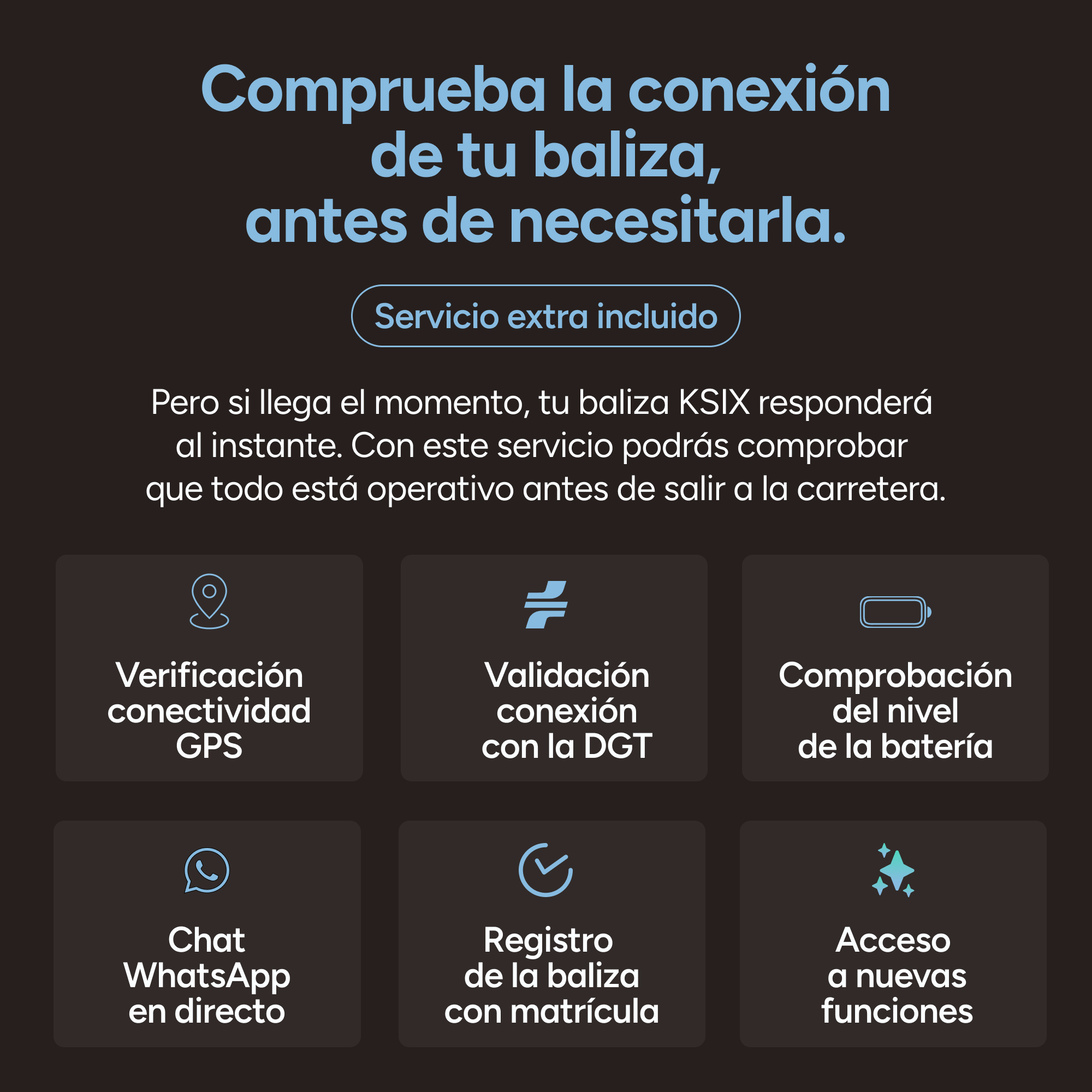 Imagen con texto en español sobre un servicio de baliza, incluyendo GPS, chat de WhatsApp y comprobación de batería.