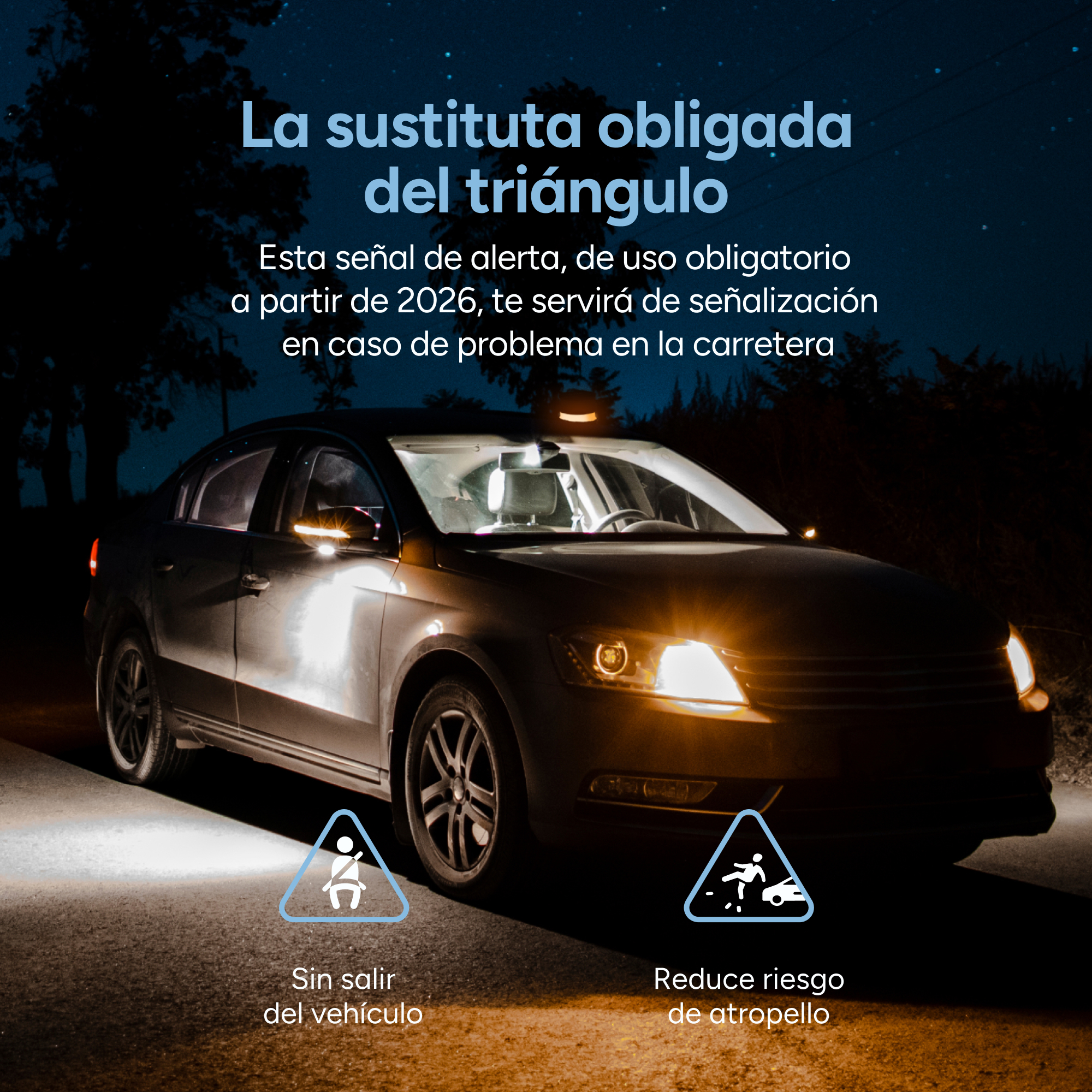 Coche en carretera nocturna. Texto promociona nueva señal de advertencia. Diagramas muestran consejos de seguridad: quedarse en el coche, reducir riesgo.