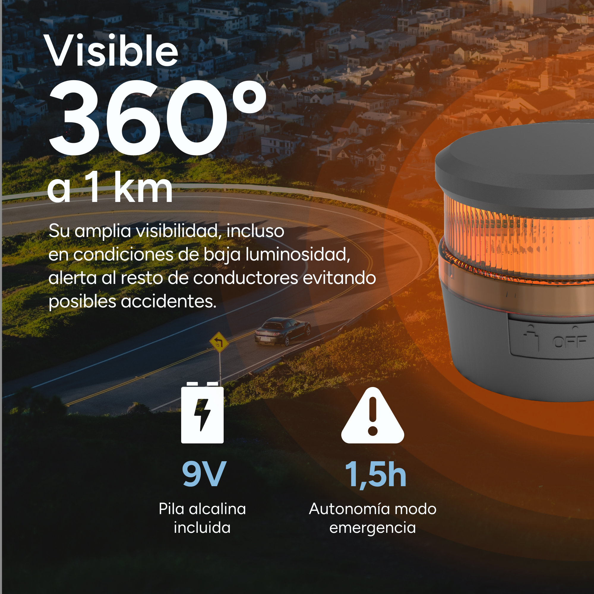 Una luz de seguridad vial, con visibilidad de 360 grados. Incluye batería y modo de emergencia. Visible hasta 1 km. Negro y naranja.