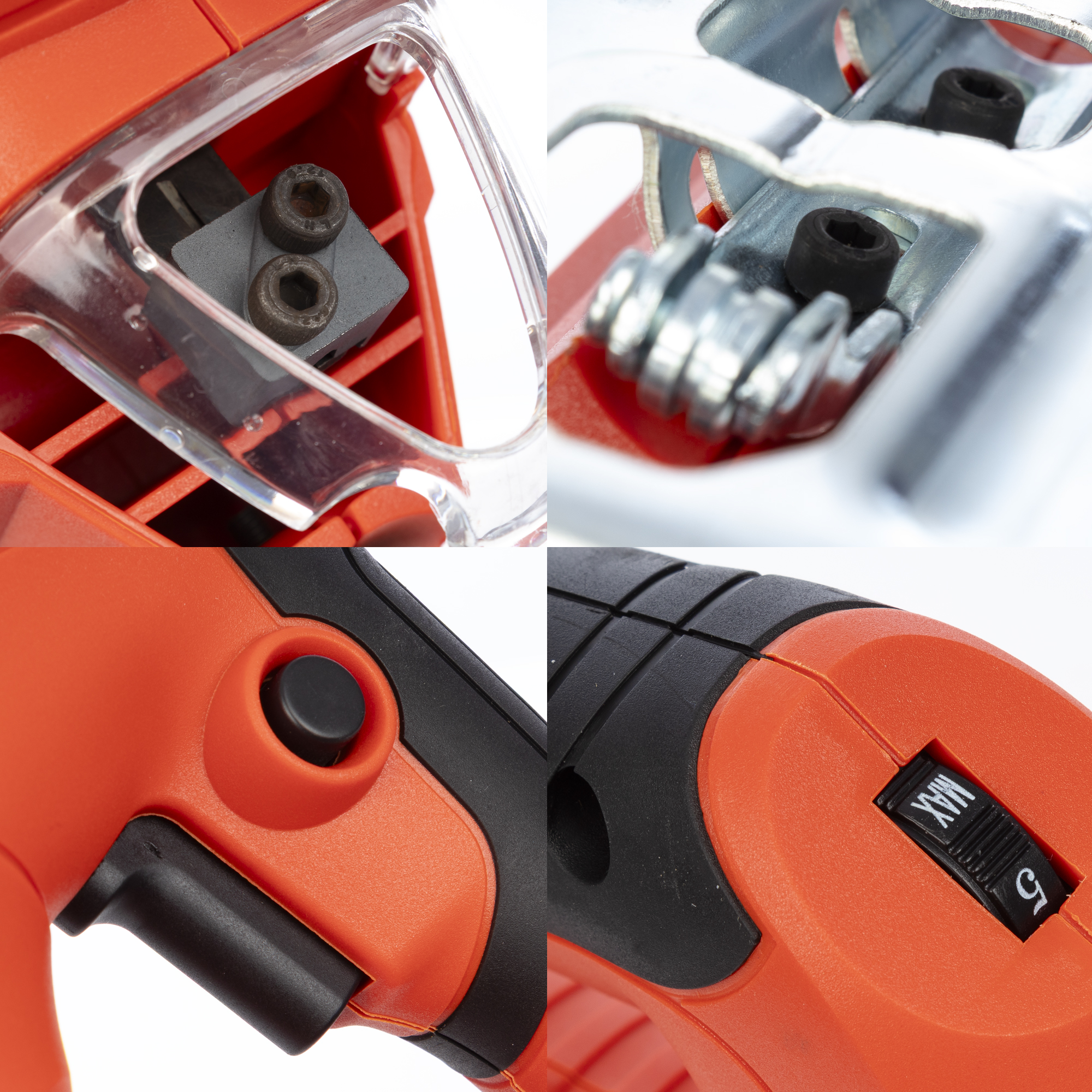 Primer plano de una herramienta eléctrica. Muestra detalles de la cuchilla, tornillos, ajustes y el cuerpo naranja y negro.