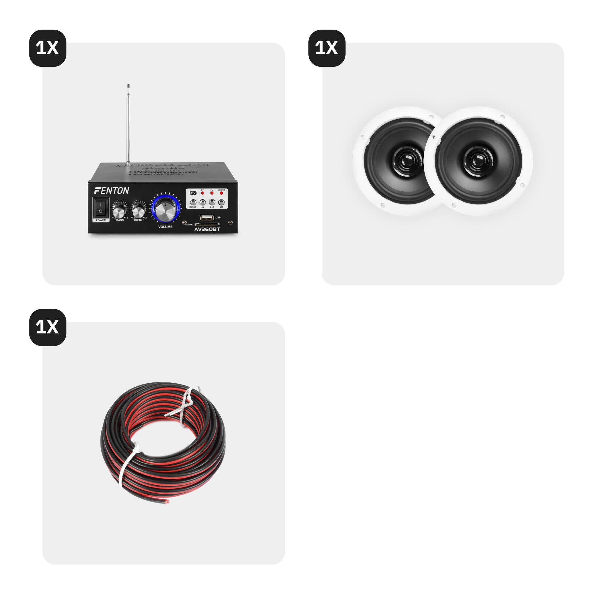 La imagen muestra un amplificador negro, dos altavoces blancos y un rollo de cable rojo-negro sobre fondo blanco.