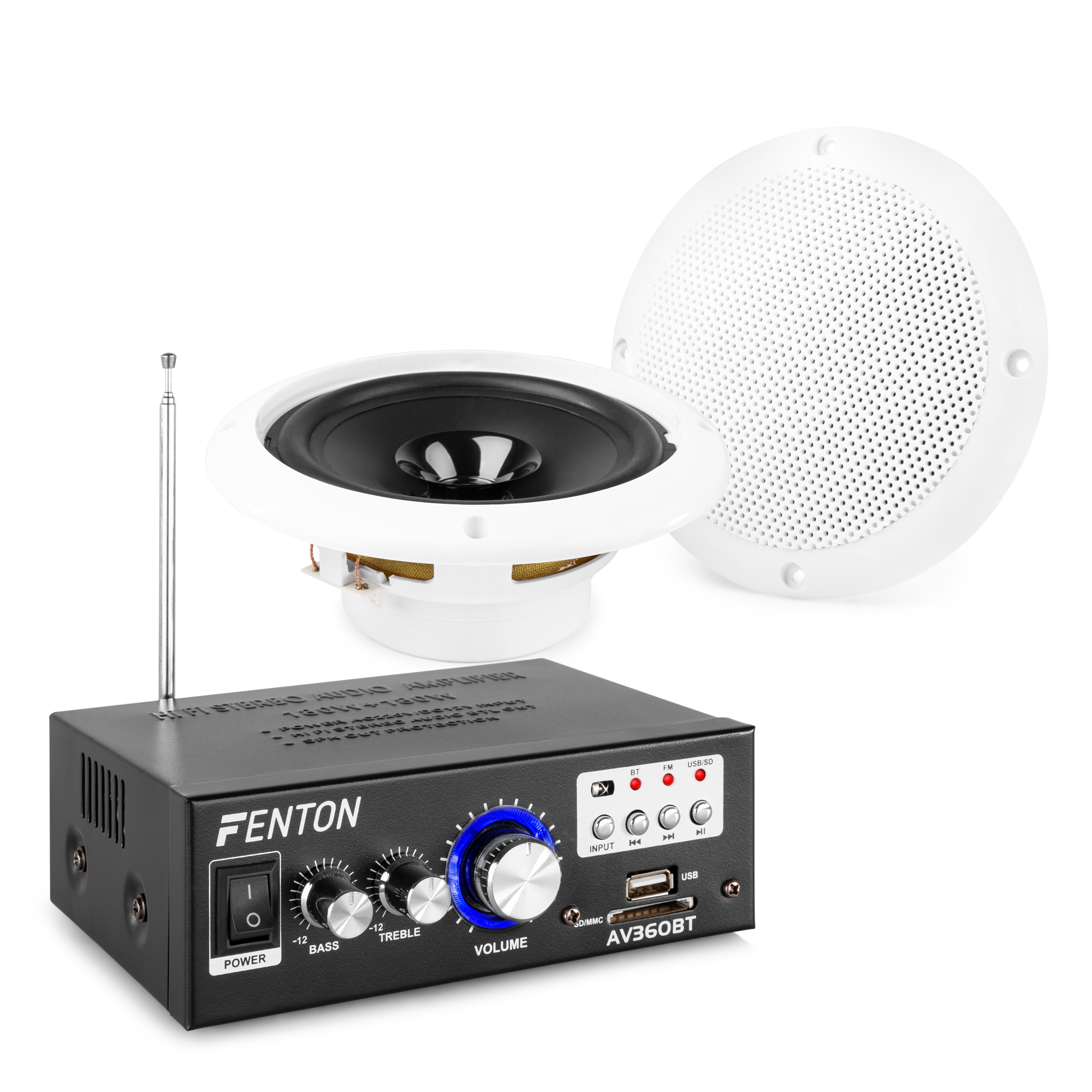 Un sistema de audio con un amplificador negro, dos altavoces blancos y una antena plateada. El amplificador tiene botones y mandos.