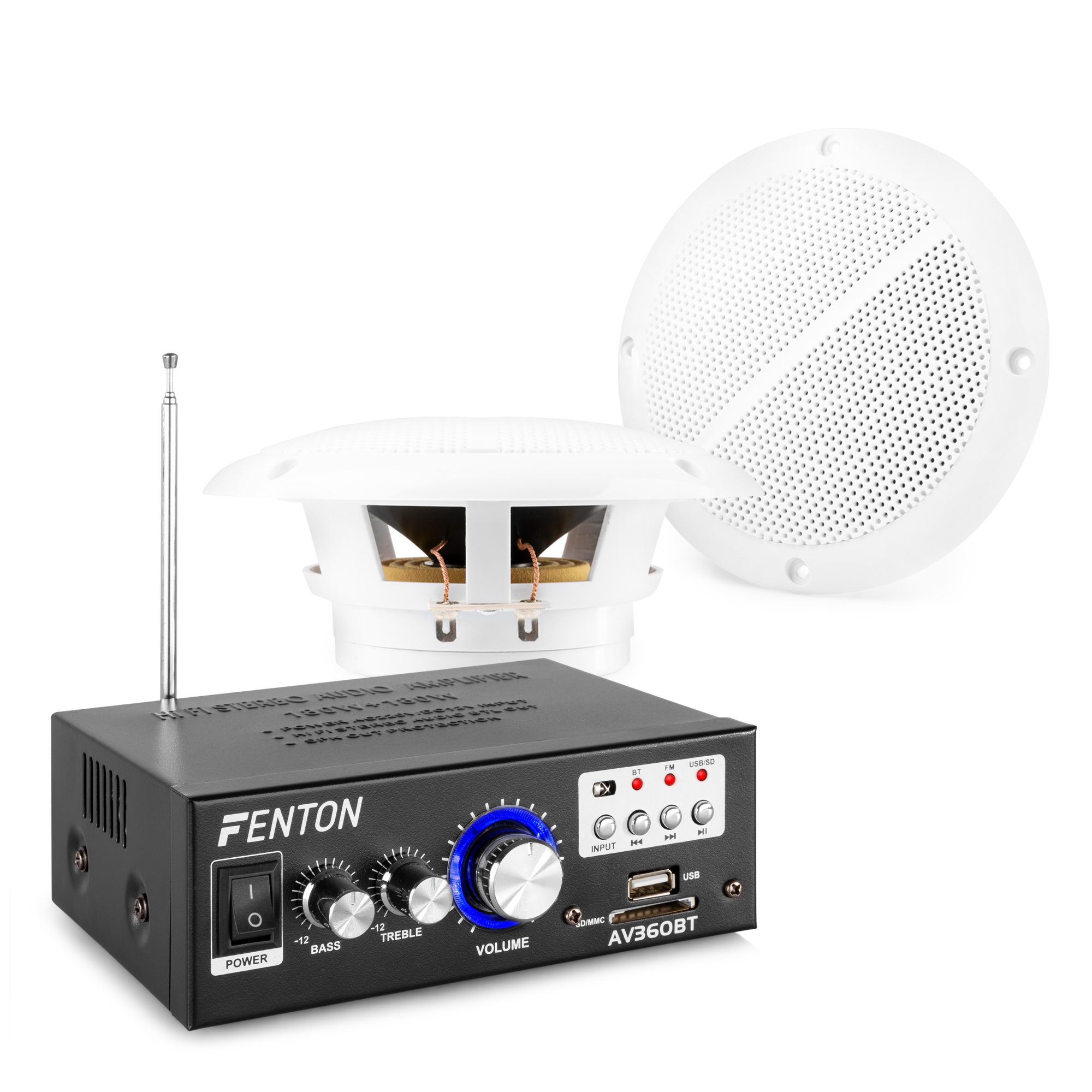 Un amplificador Fenton negro, dos altavoces blancos. El amplificador tiene perillas, botones y un puerto USB.
